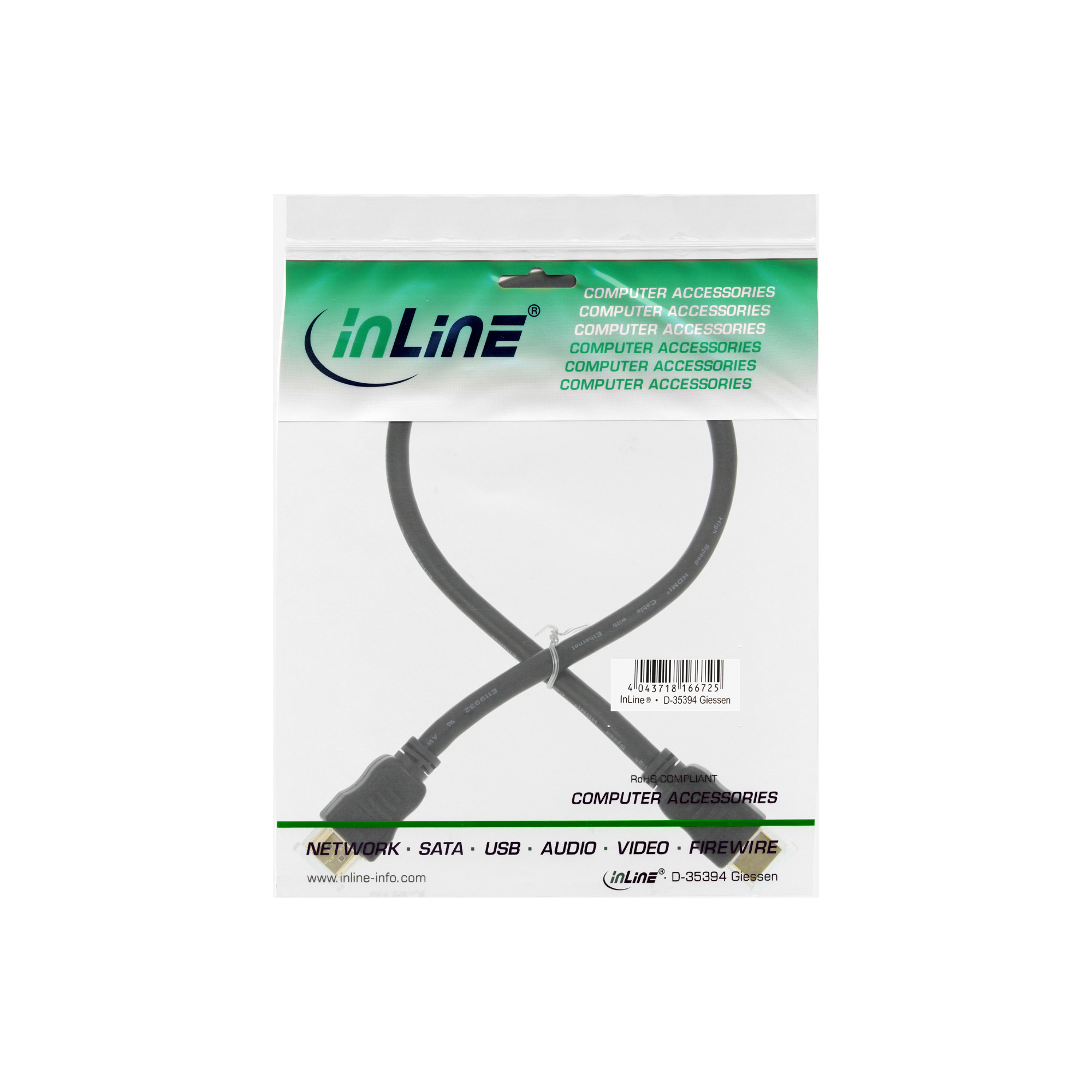 Schwarzes HDMI-Kabel in Plastikverpackung. Die Verpackung hat ein grün-weißes Design mit dem Markennamen 'inLine'.