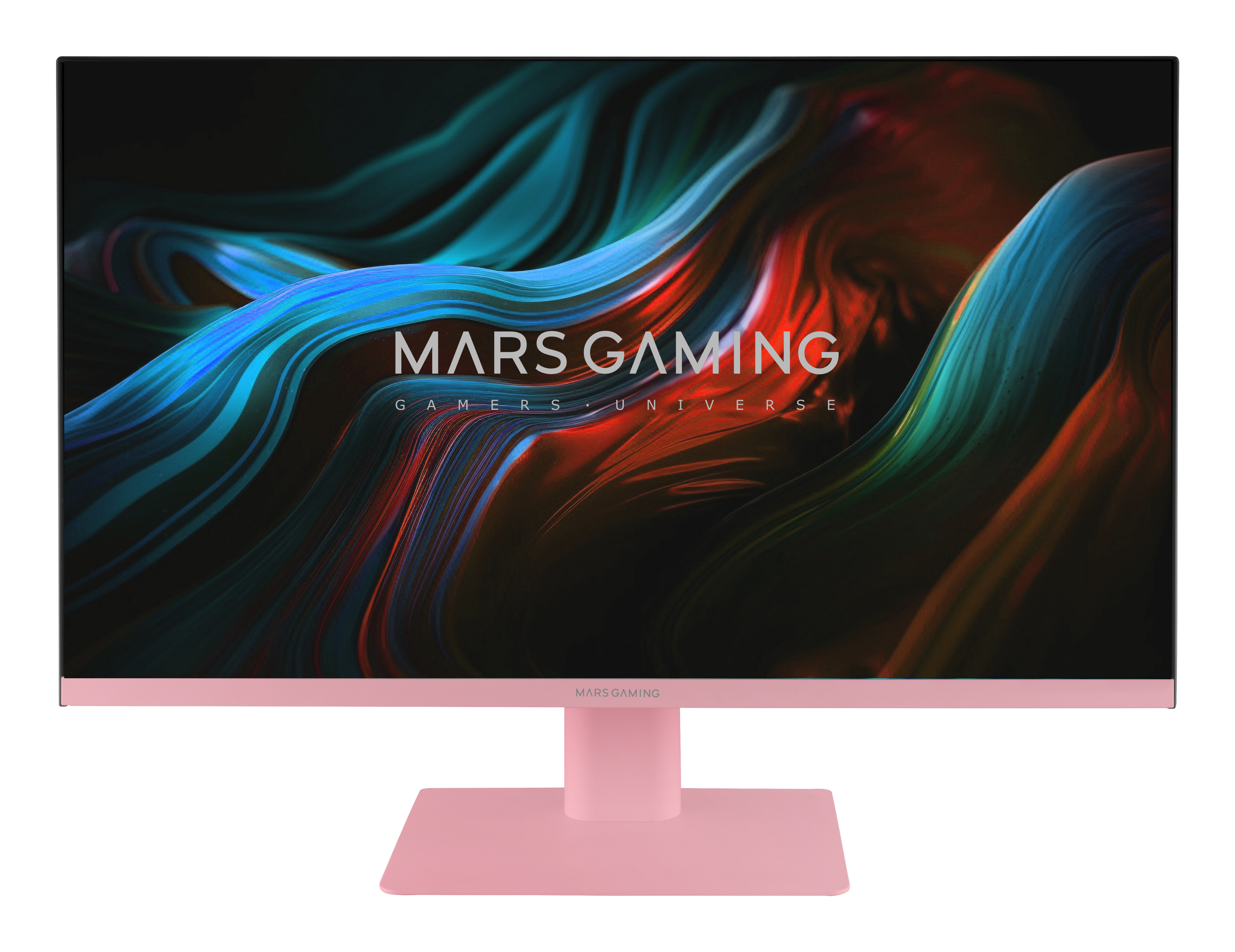 Różowy monitor komputera wyświetla kolorowy abstrakcyjny wzór. Widoczne są słowa 'MARS GAMING'.