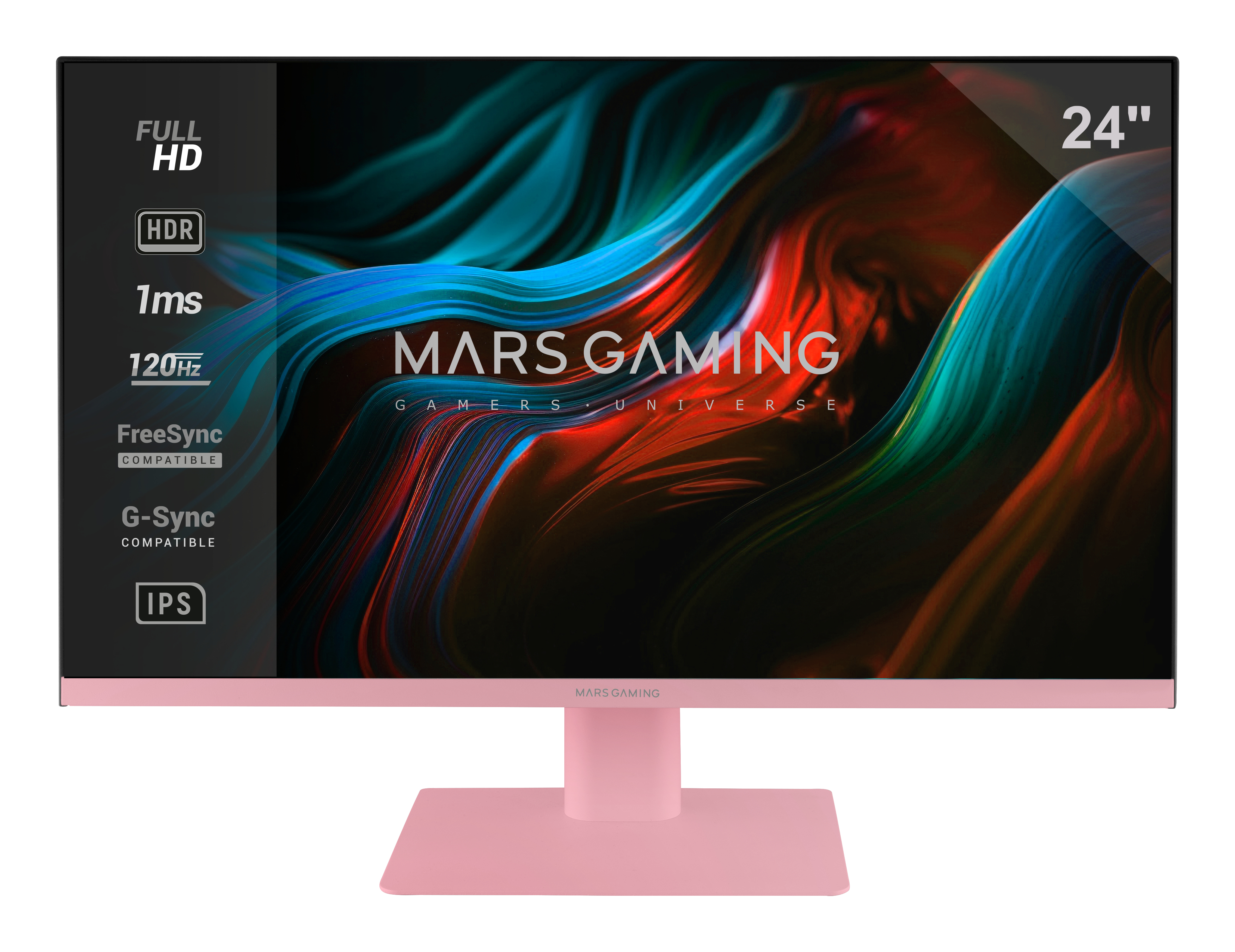 Różowy monitor komputerowy z czarną ramką. Ekran wyświetla kolorowy abstrakcyjny wzór. Widoczne szczegóły jak 24", 1ms.