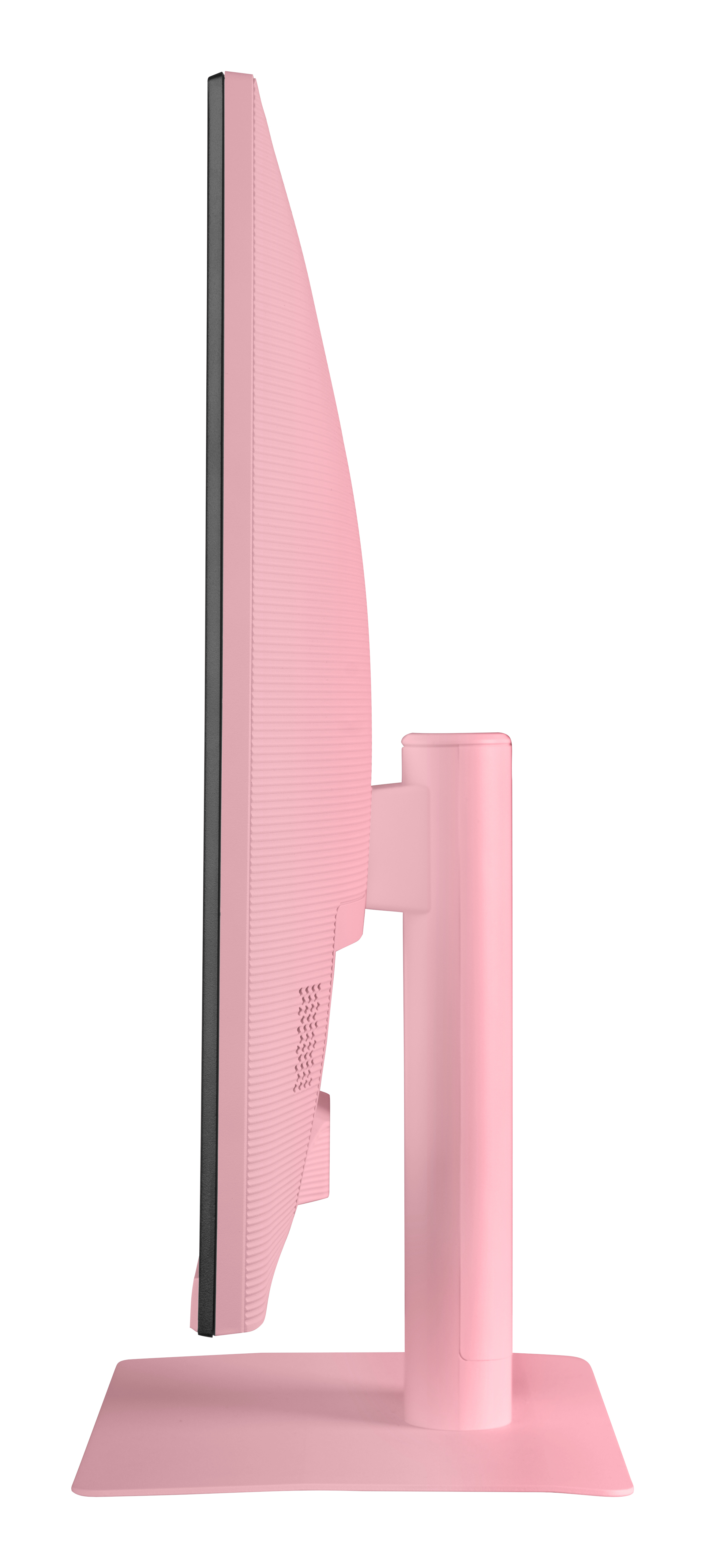 Widok z boku różowego monitora komputerowego. Ma czarną ramkę, różowy korpus i podstawę. Tło jest białe.