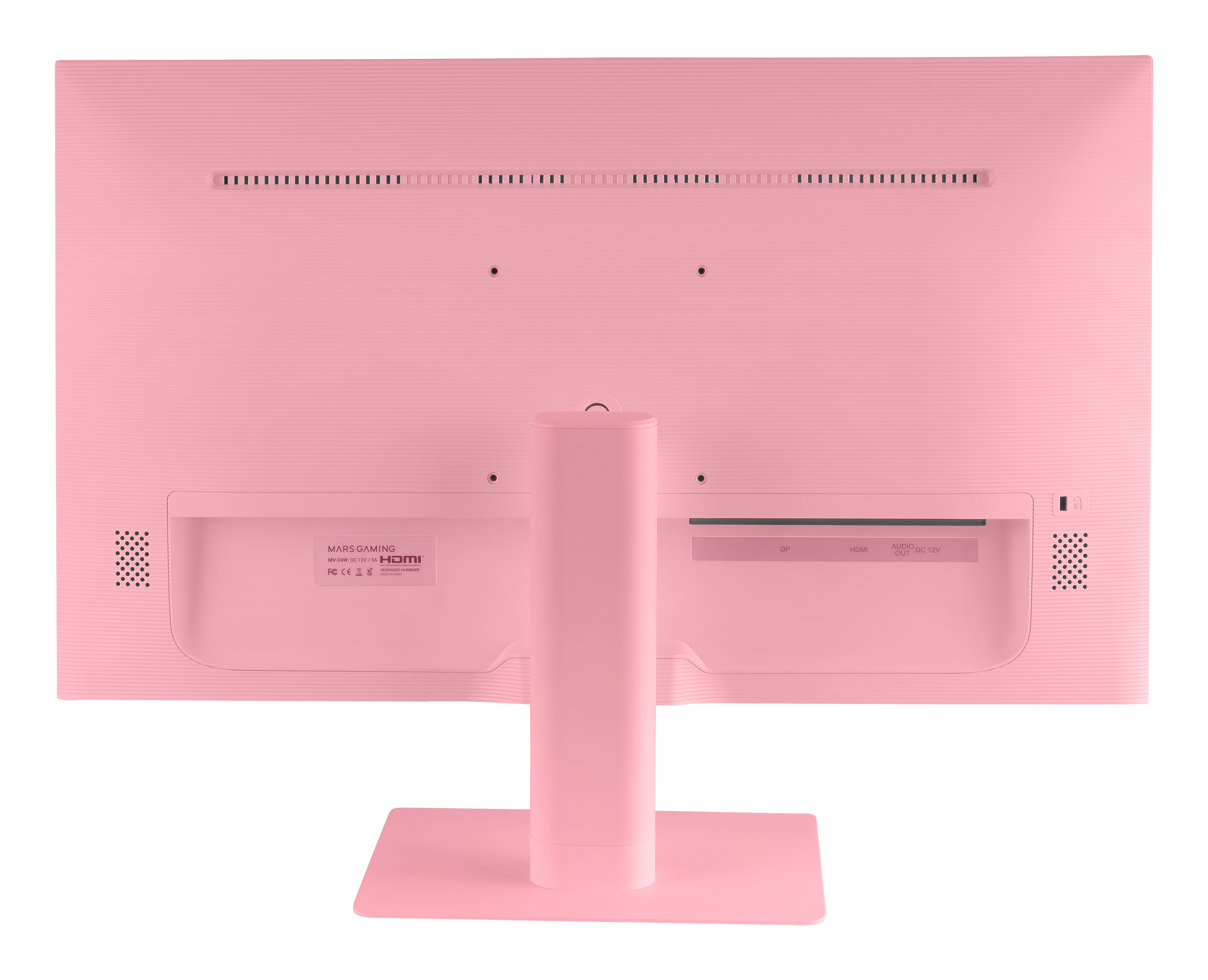 Tył różowego monitora do gier. Ma podstawkę, porty i etykietę marki. Tył ma otwory wentylacyjne i linie.