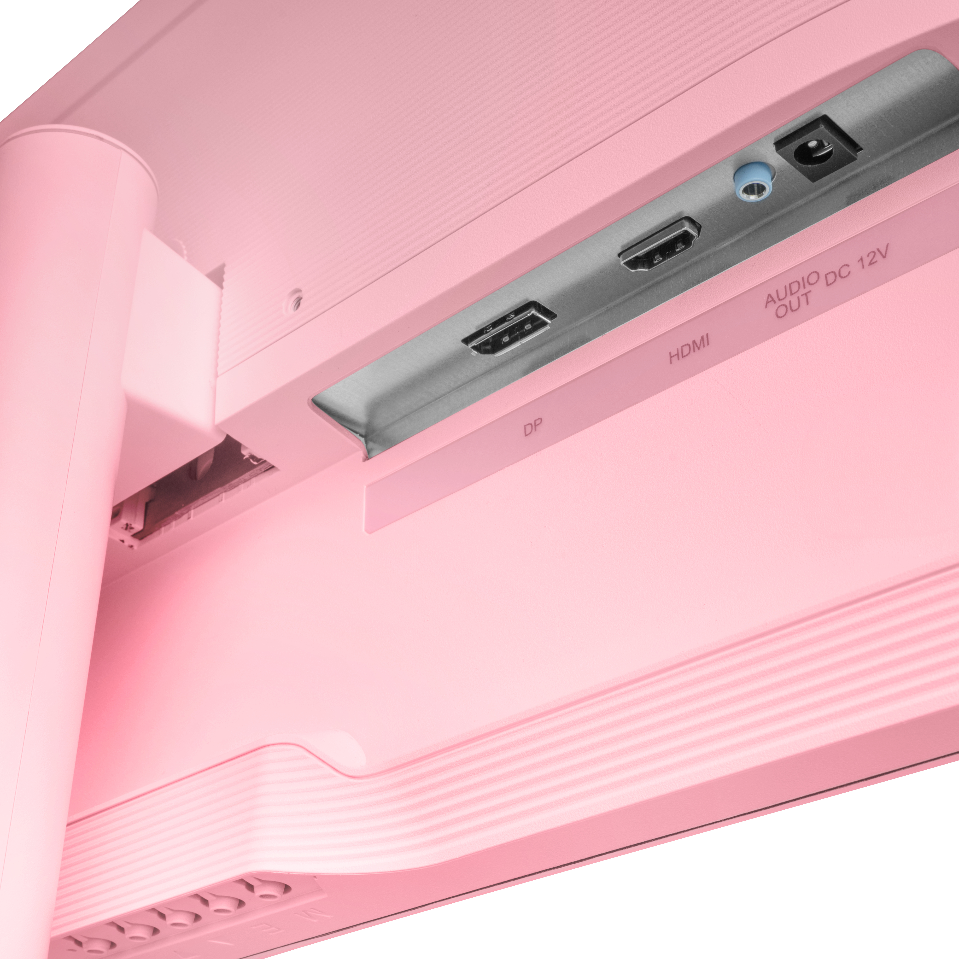 Tył różowego monitora komputerowego z portami: HDMI, DP, wyjście audio, DC 12V. Białe tło.