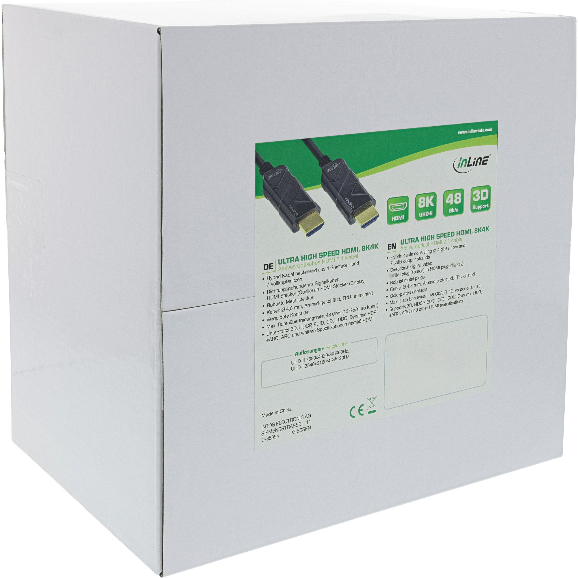 Een witte doos met een groen-zwart label toont een HDMI-kabel met 8K, 48 Gb/s en 3D-ondersteuning.