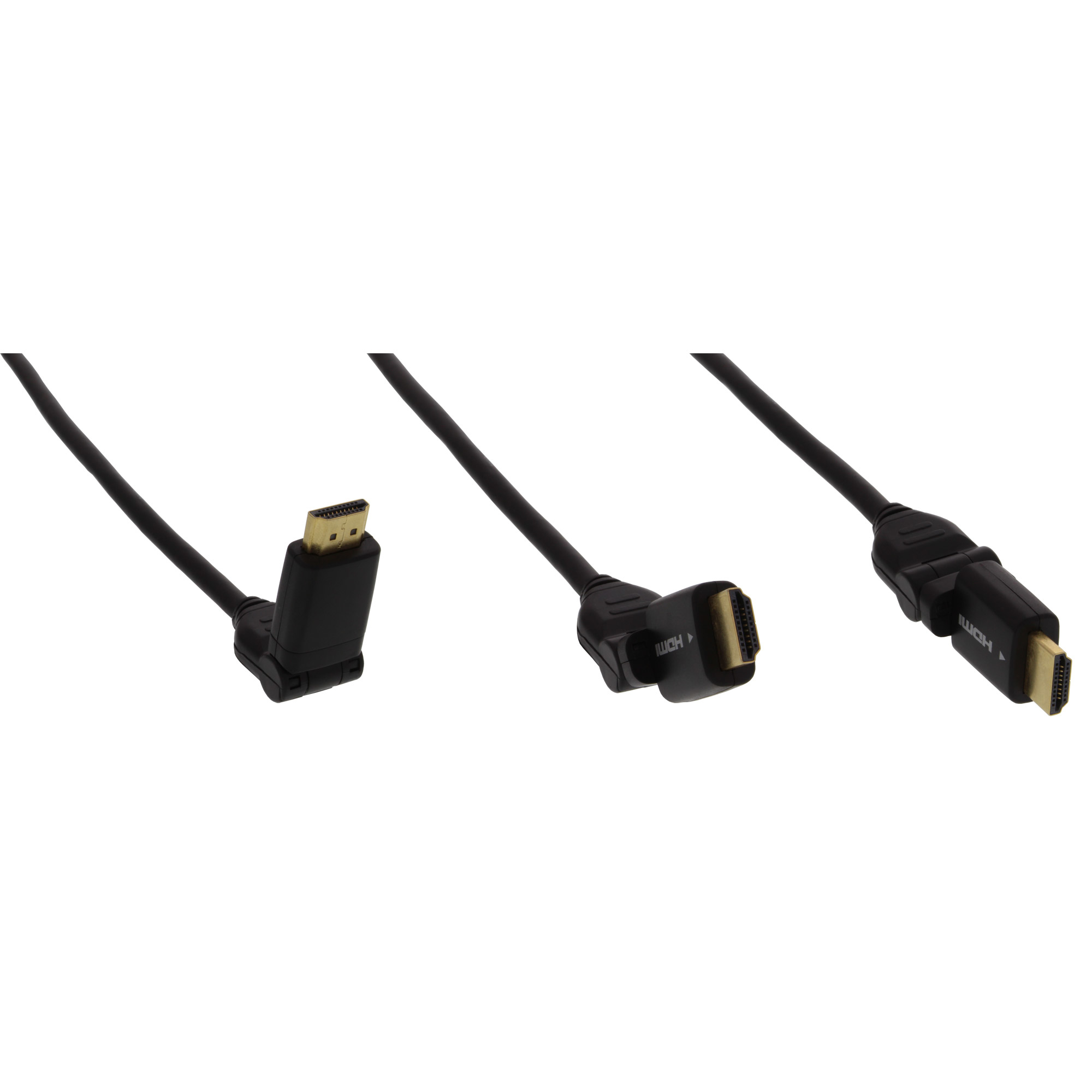 Drie zwarte HDMI-kabels met gouden connectoren op een witte achtergrond. Elke kabel is gebogen.