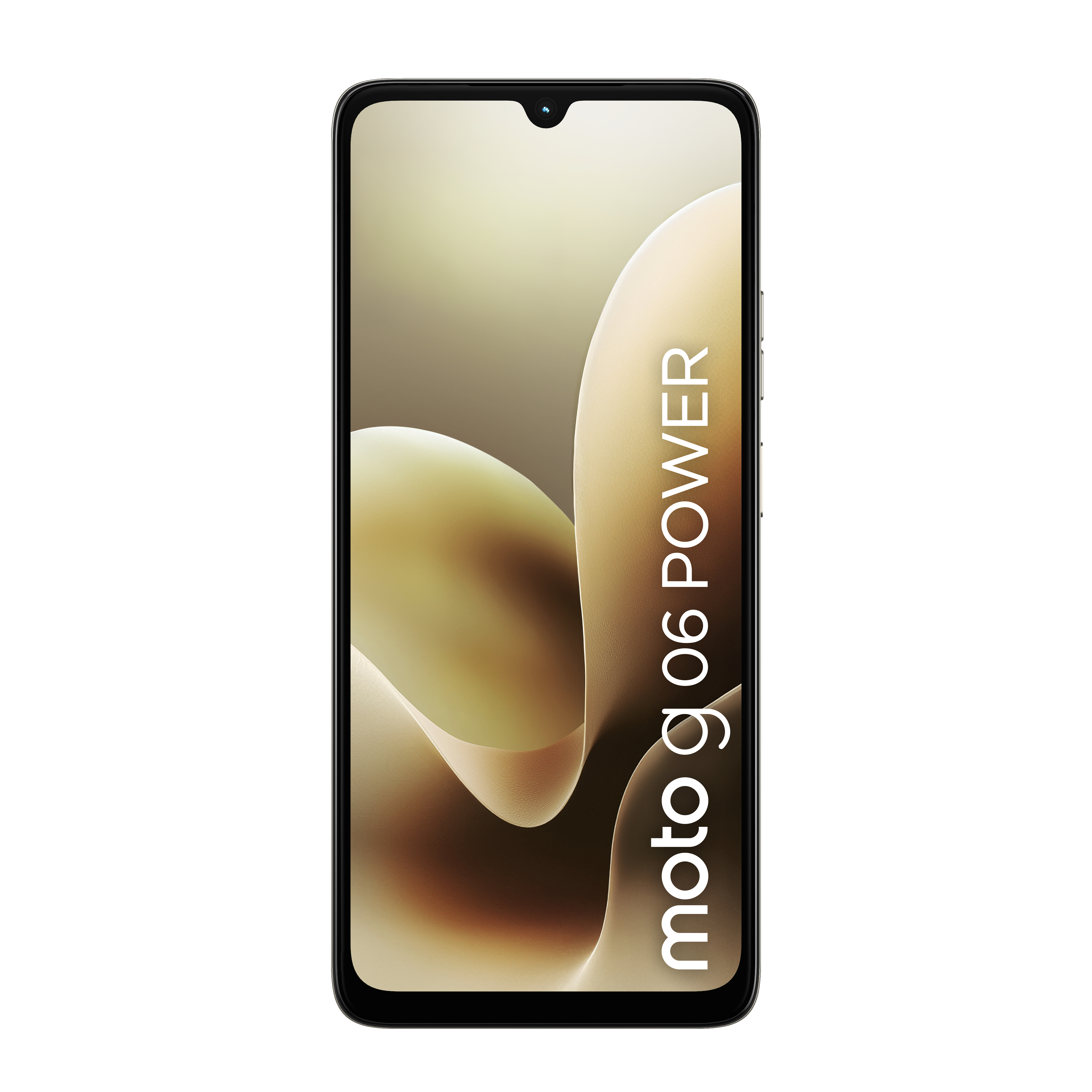 Smartfon z czarną ramką i ekranem z abstrakcyjnym wzorem. Na telefonie napis 'moto g06 POWER'.