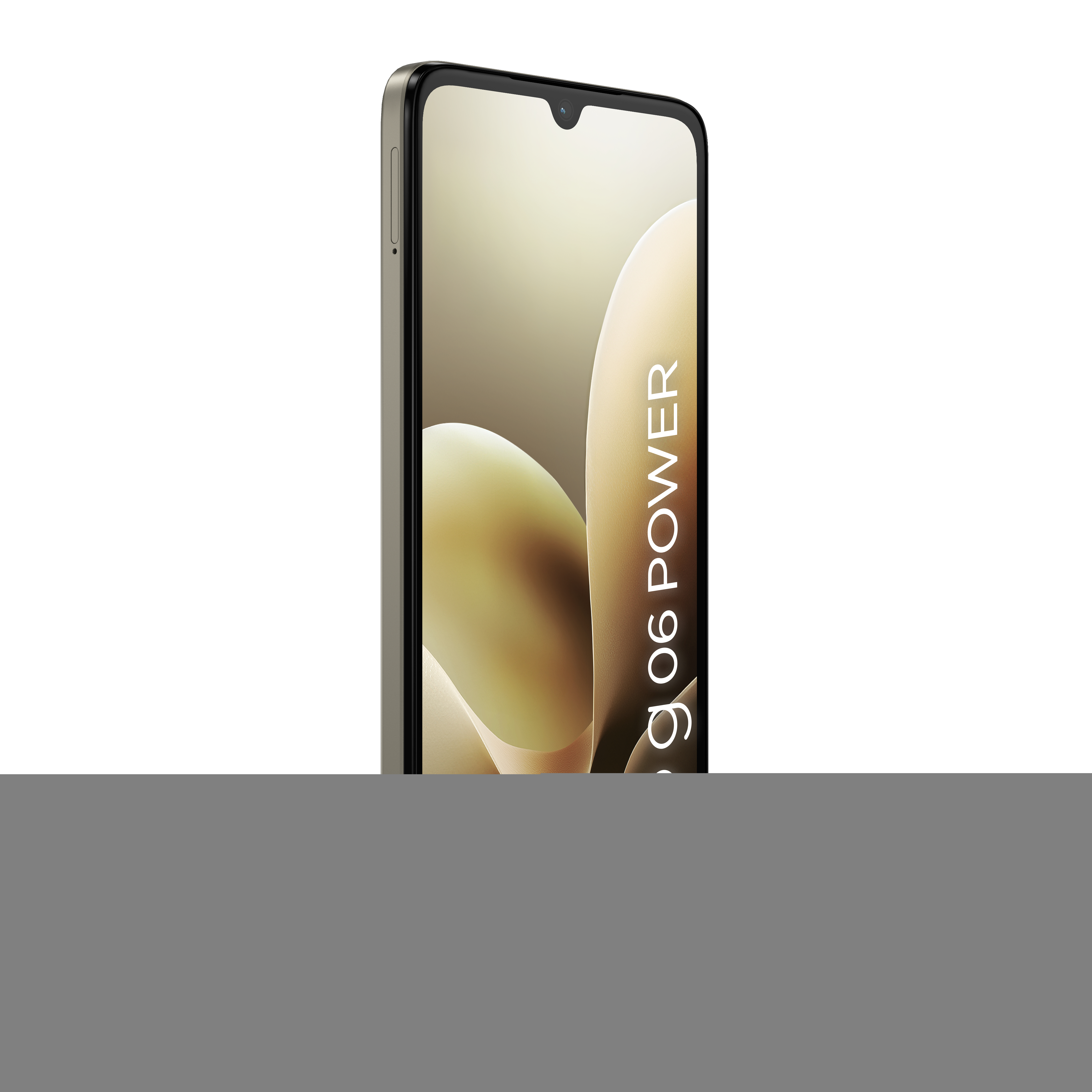 Smartfon, czarny ekran z brązowym wzorem. Telefon jest szaro-srebrny z napisem 'g6 POWER' na ekranie.