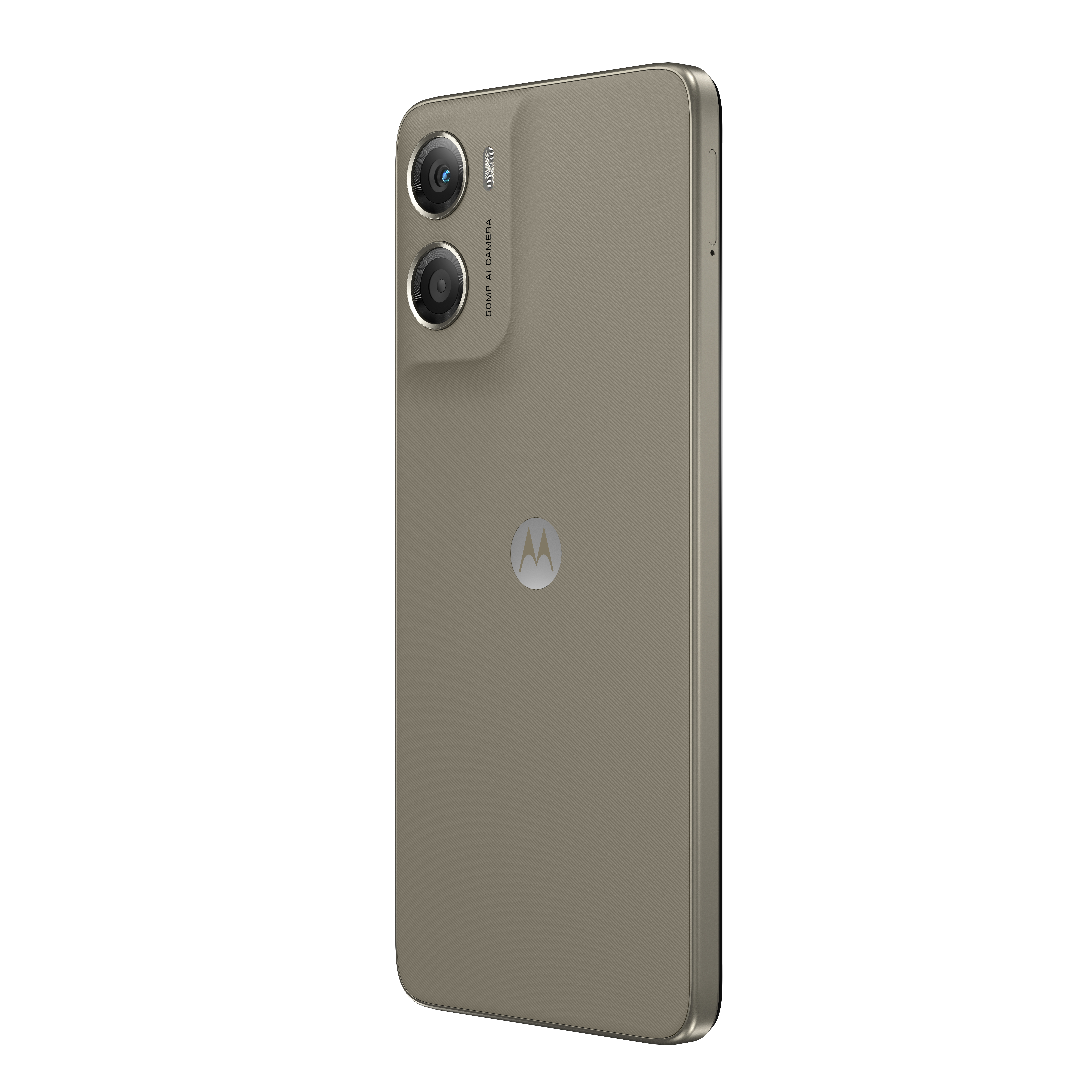 Smartfon z podwójnym aparatem na beżowych plecach. Widoczne logo Motorola ze srebrną ramką.
