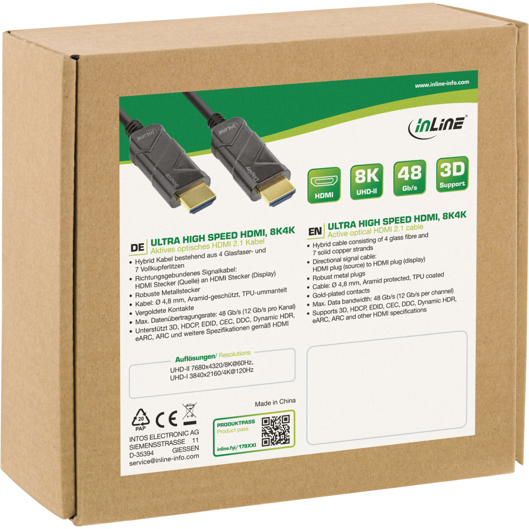 Kartonnen doos met HDMI-kabelafbeeldingen en productdetails, inclusief 8K- en 3D-ondersteuningsinfo.