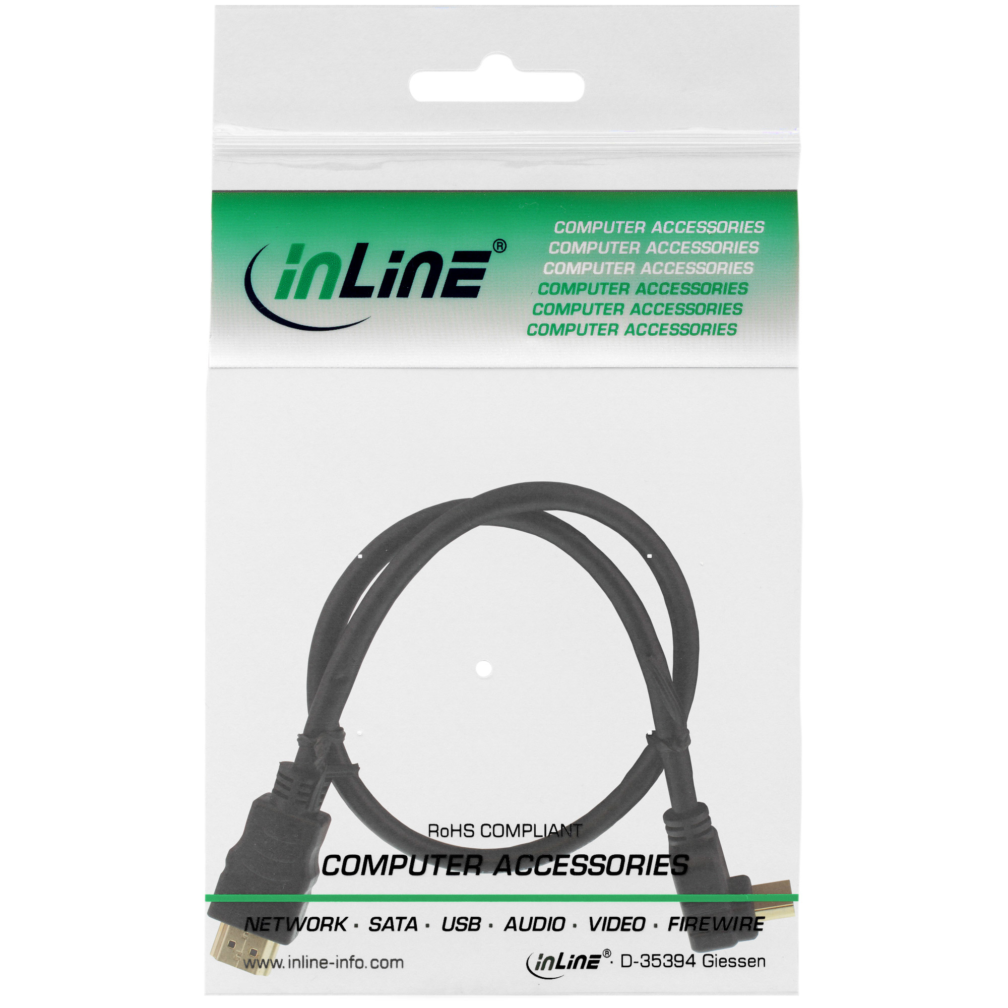 Schwarzes HDMI-Kabel in einer Plastikverpackung. Die Verpackung hat grünen Text und das InLine-Logo.
