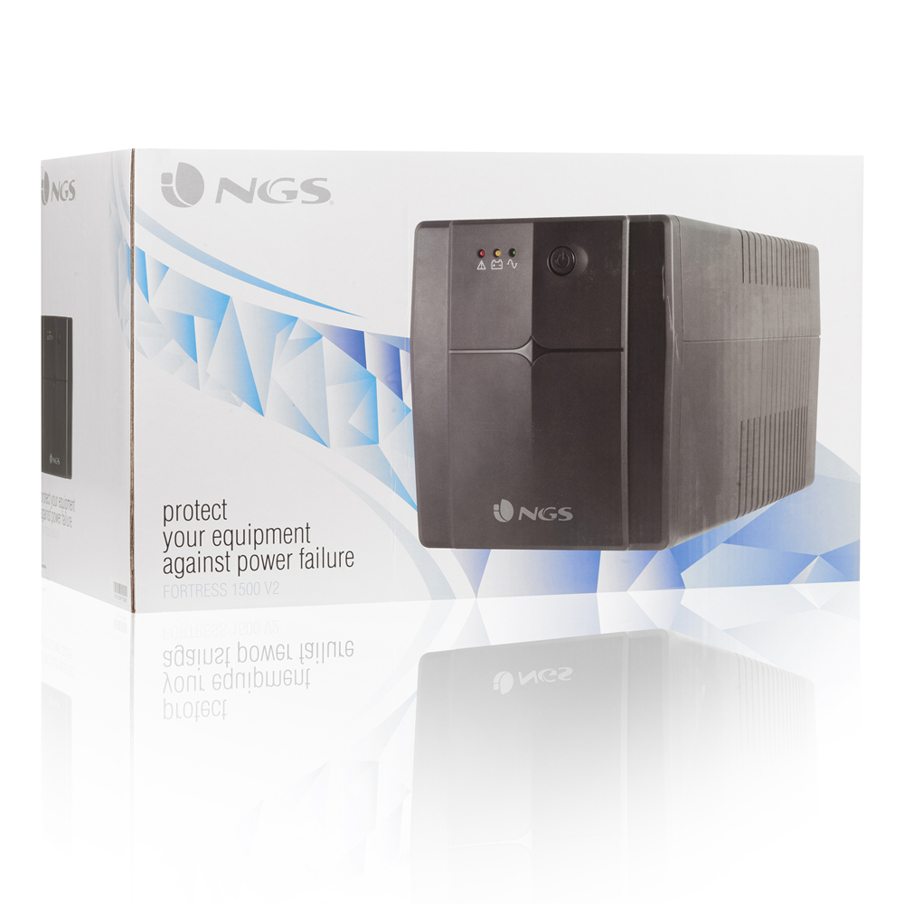Ein dunkles USV-Gerät und seine Box mit dem Logo 'NGS'. Auf der Box steht 'schützen Sie Ihre Geräte vor Stromausfall'.