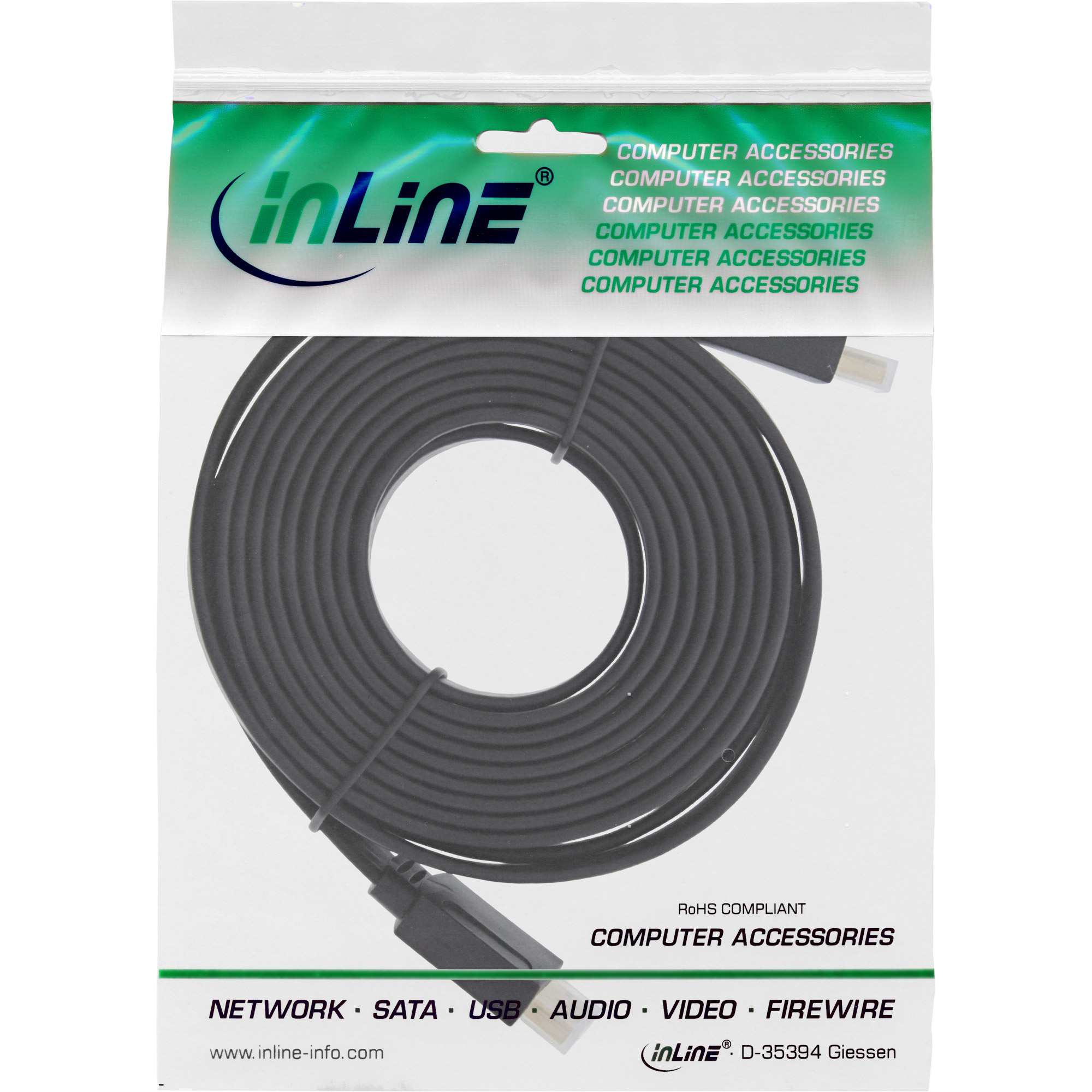 Ein gewickeltes schwarzes Kabel für Computerzubehör, in einer Plastikverpackung mit dem Logo 'inLine' und Produktdetails.