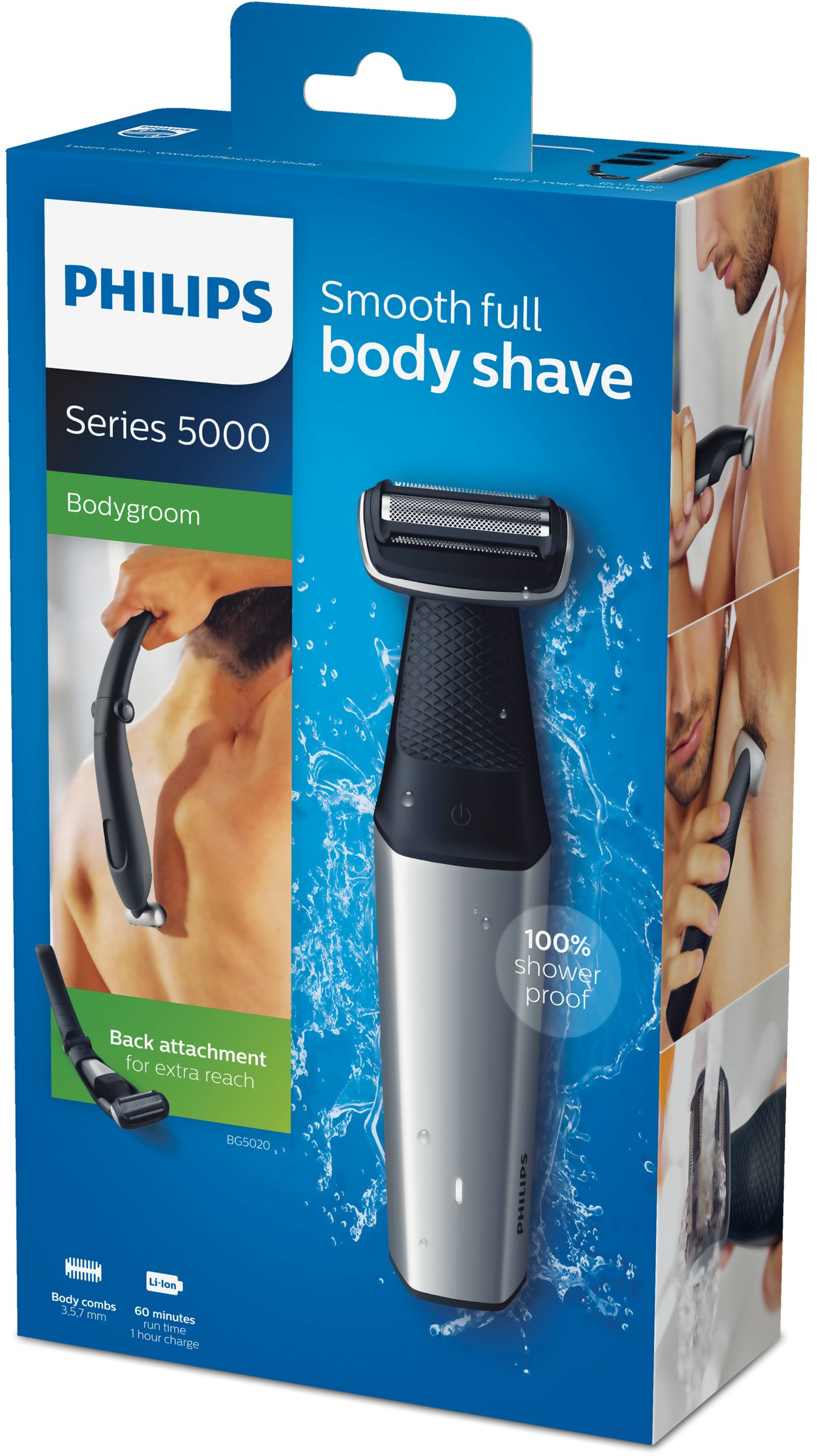 Una caja Philips Series 5000 Bodygroom. Muestra la afeitadora y hombres afeitándose. La caja dice afeitado corporal completo suave.