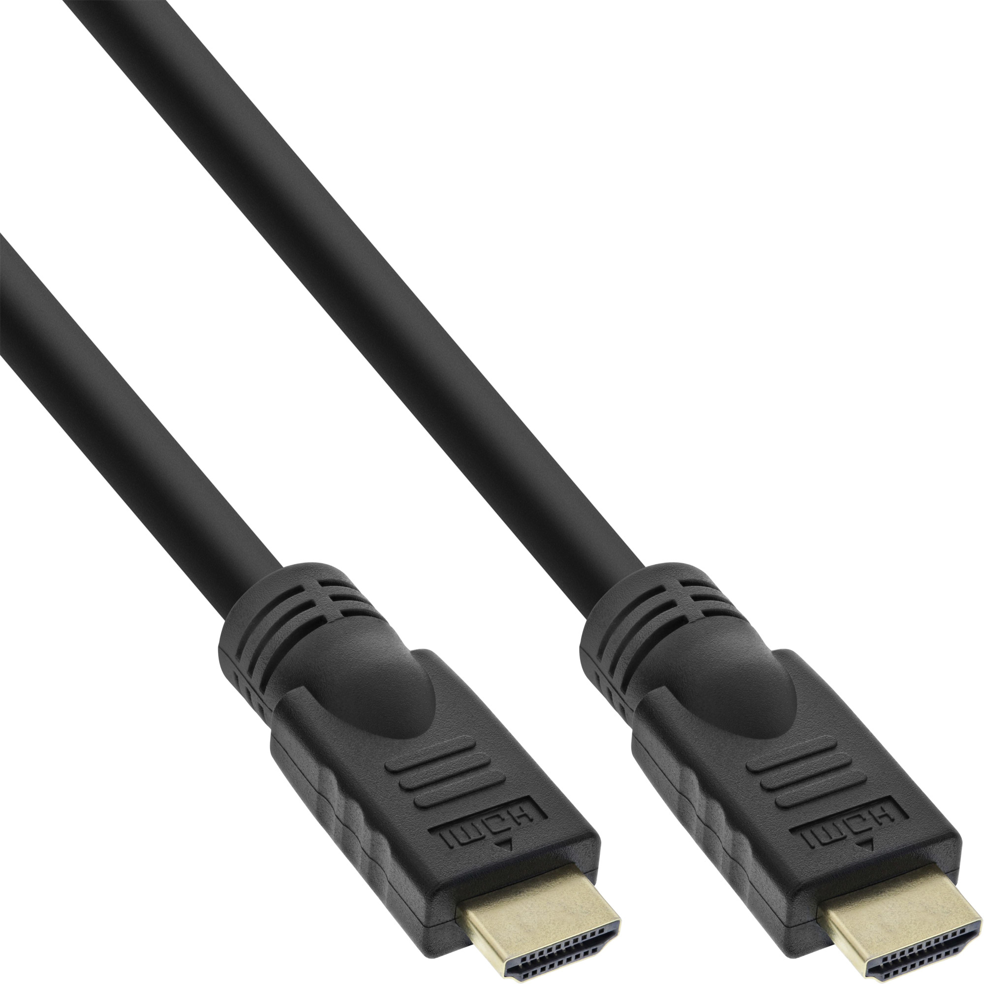Zwei schwarze HDMI-Kabel mit Steckern, schräg über weißem Hintergrund. Stecker haben goldfarbene Metallkontakte.