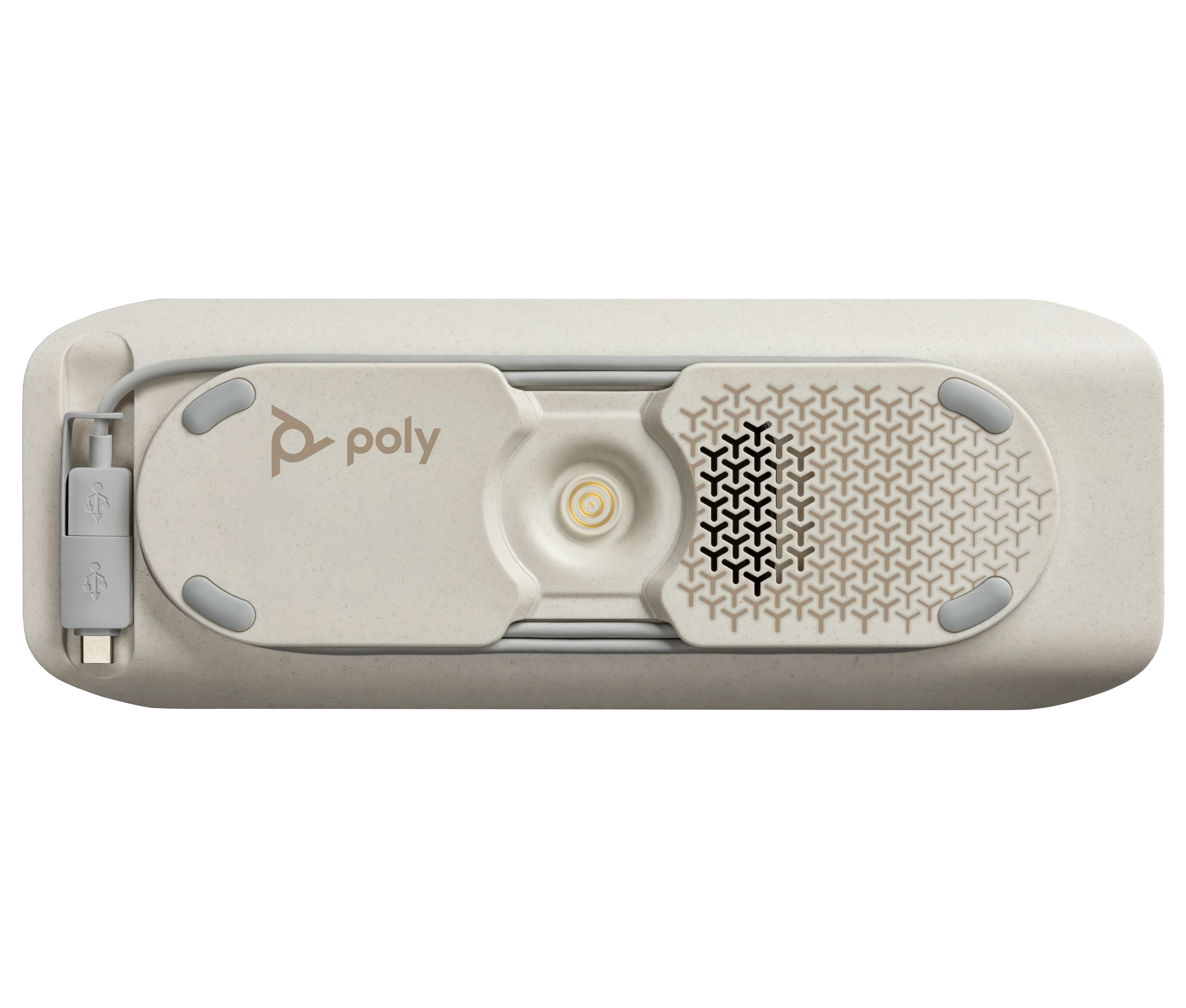 Ein beiges rechteckiges Gerät mit abgerundeten Kanten. Es hat das Poly-Logo, ein gemustertes Gitter und ein USB-Kabel.
