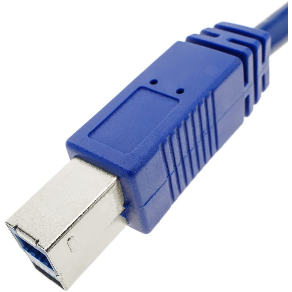 Primo piano di un cavo USB blu. Il cavo ha un connettore in plastica blu e un'estremità USB metallica. Sfondo bianco.