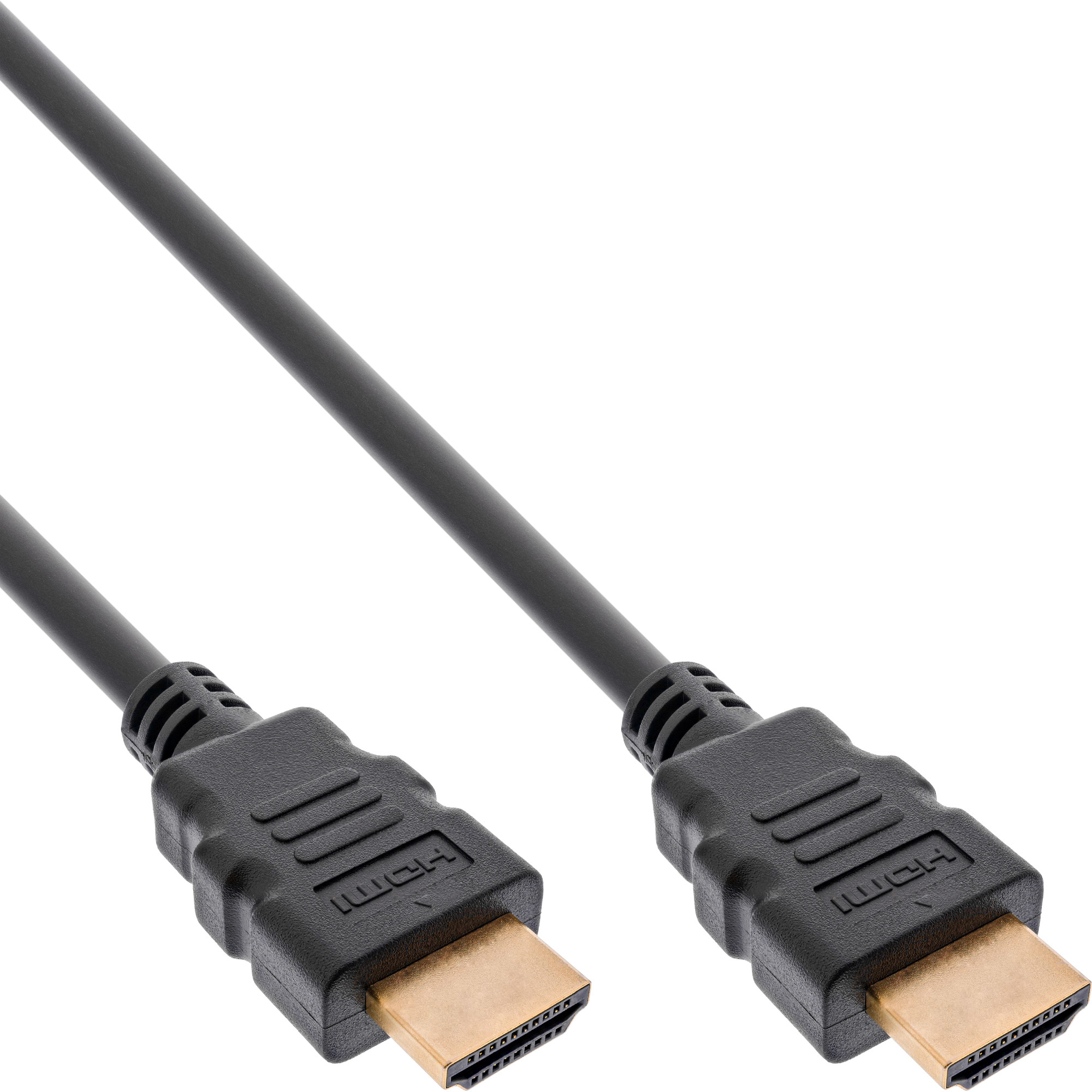 Schwarzes HDMI-Kabel mit goldenen Steckern auf weißem Hintergrund. Das Kabel ist diagonal ausgerichtet.