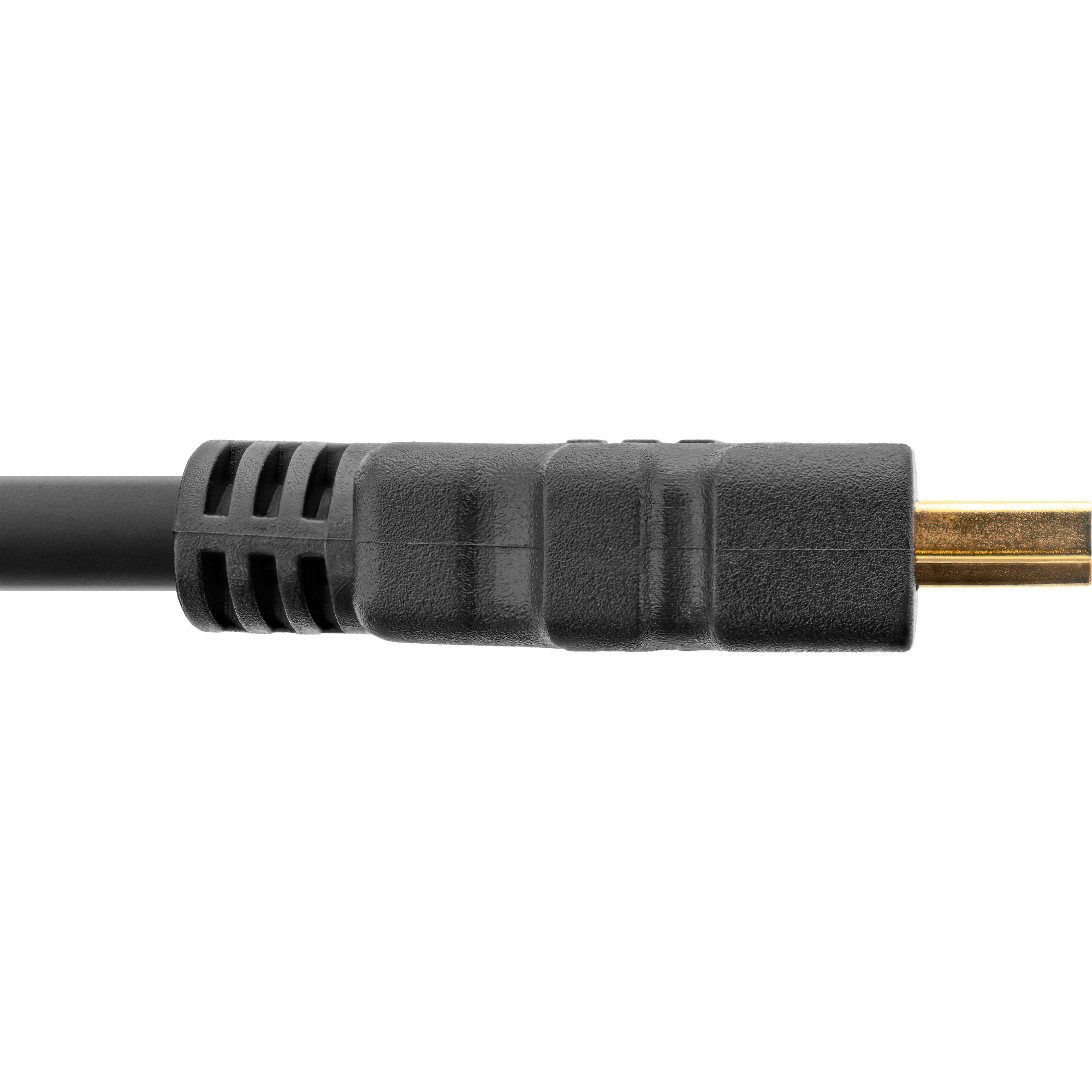 Nahaufnahme eines schwarzen HDMI-Kabelanschlusses mit goldfarbenen Stiften auf weißem Hintergrund.