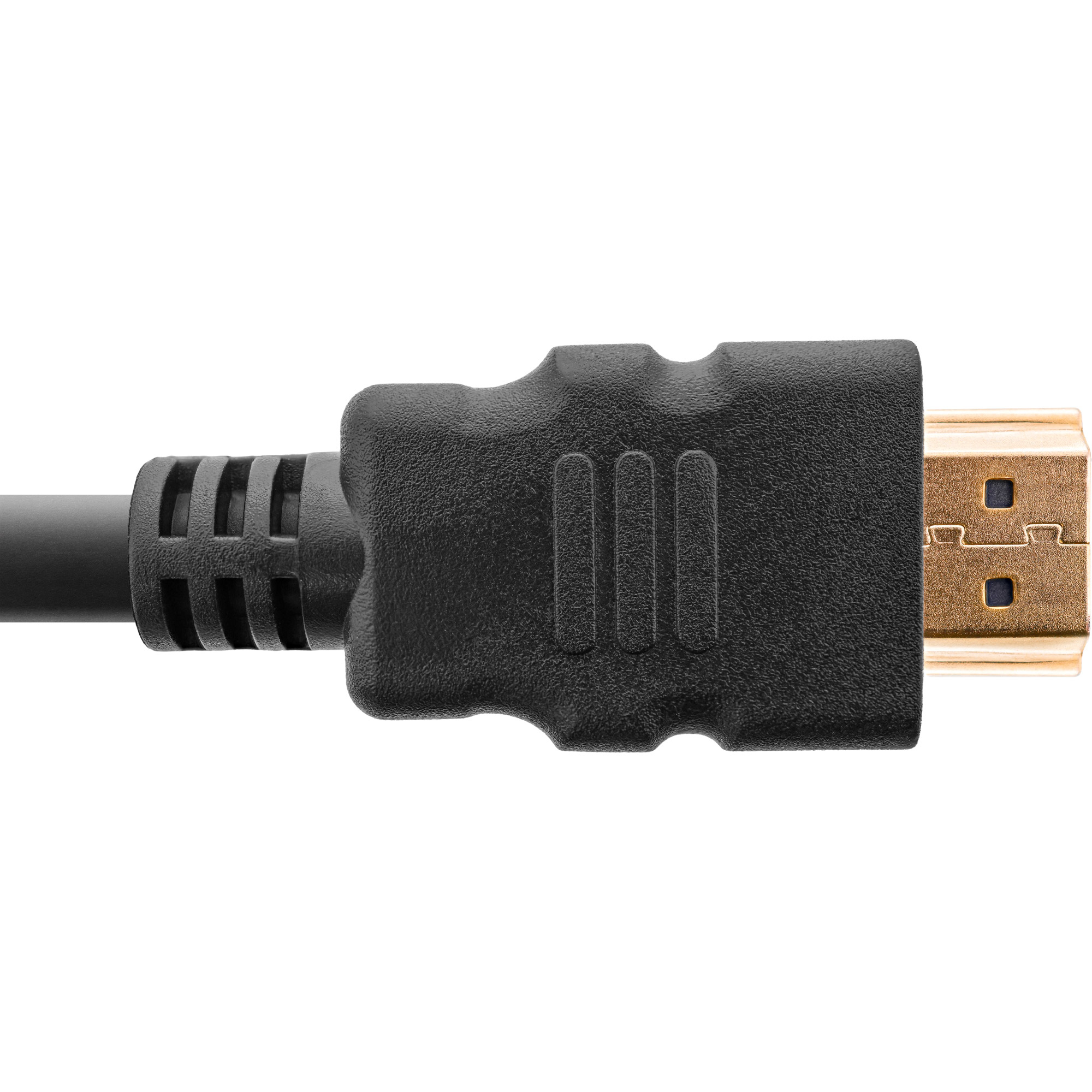 Nahaufnahme eines HDMI-Kabels. Der Stecker ist schwarz mit einem goldfarbenen Einsatz. Das Kabel ist schwarz.