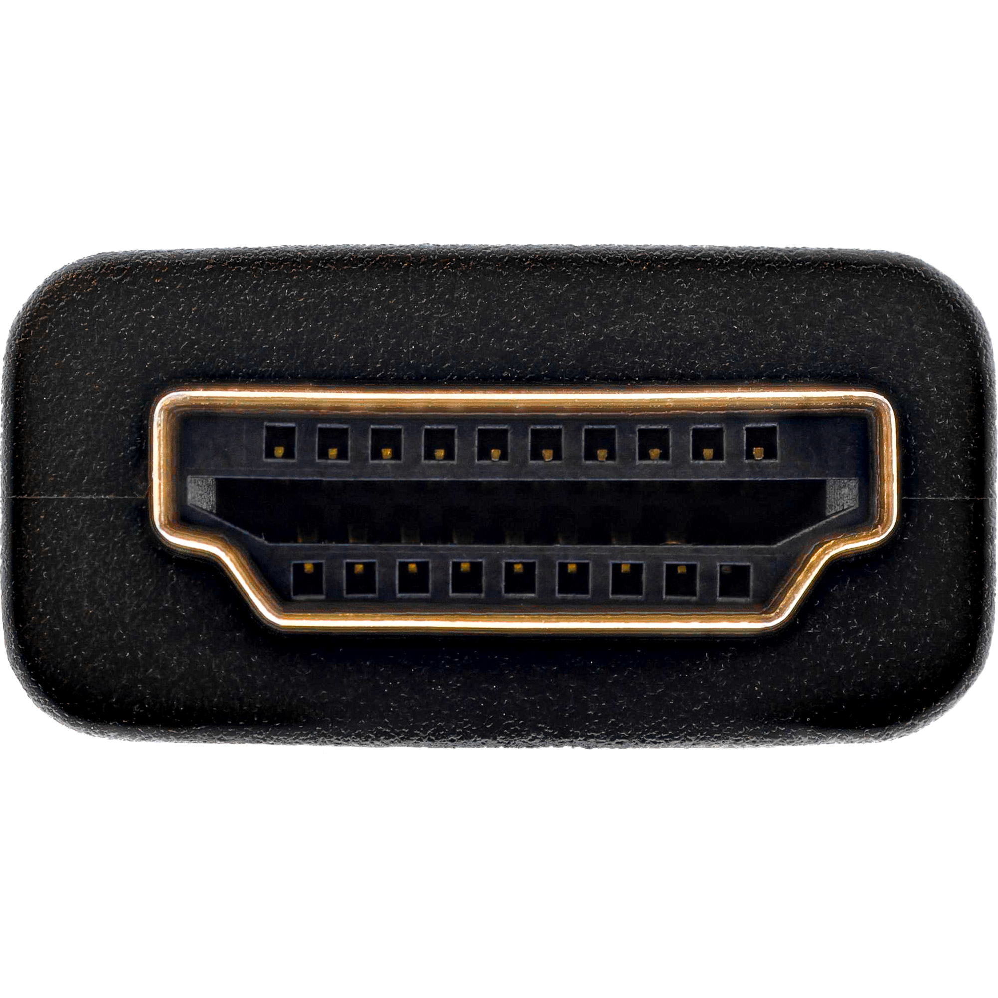 Nahaufnahme eines schwarzen HDMI-Anschlusses mit goldfarbenem Innenraum und zahlreichen kleinen Pins.