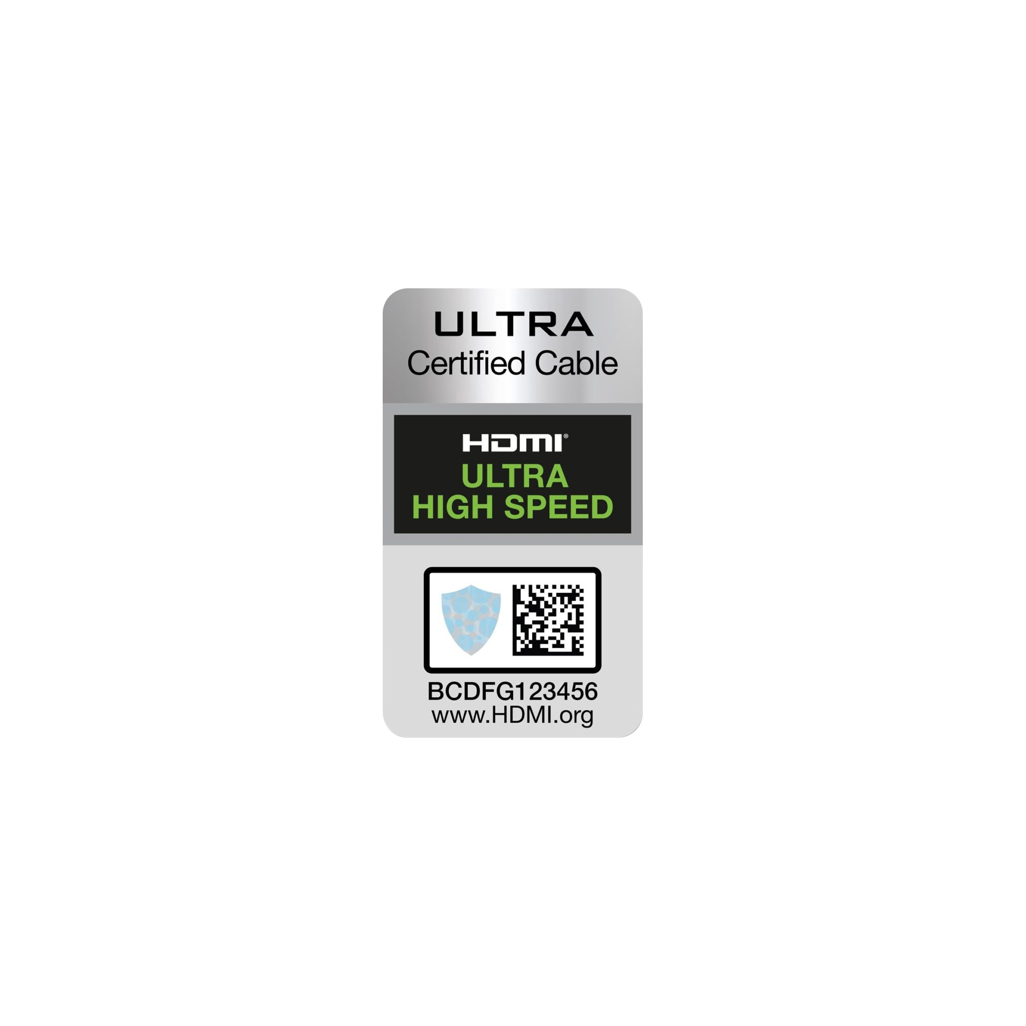 Weißer Hintergrund mit Aufkleber. Er lautet 'ULTRA Certified Cable'. Er hat ein HDMI Ultra High Speed Logo und QR-Code.