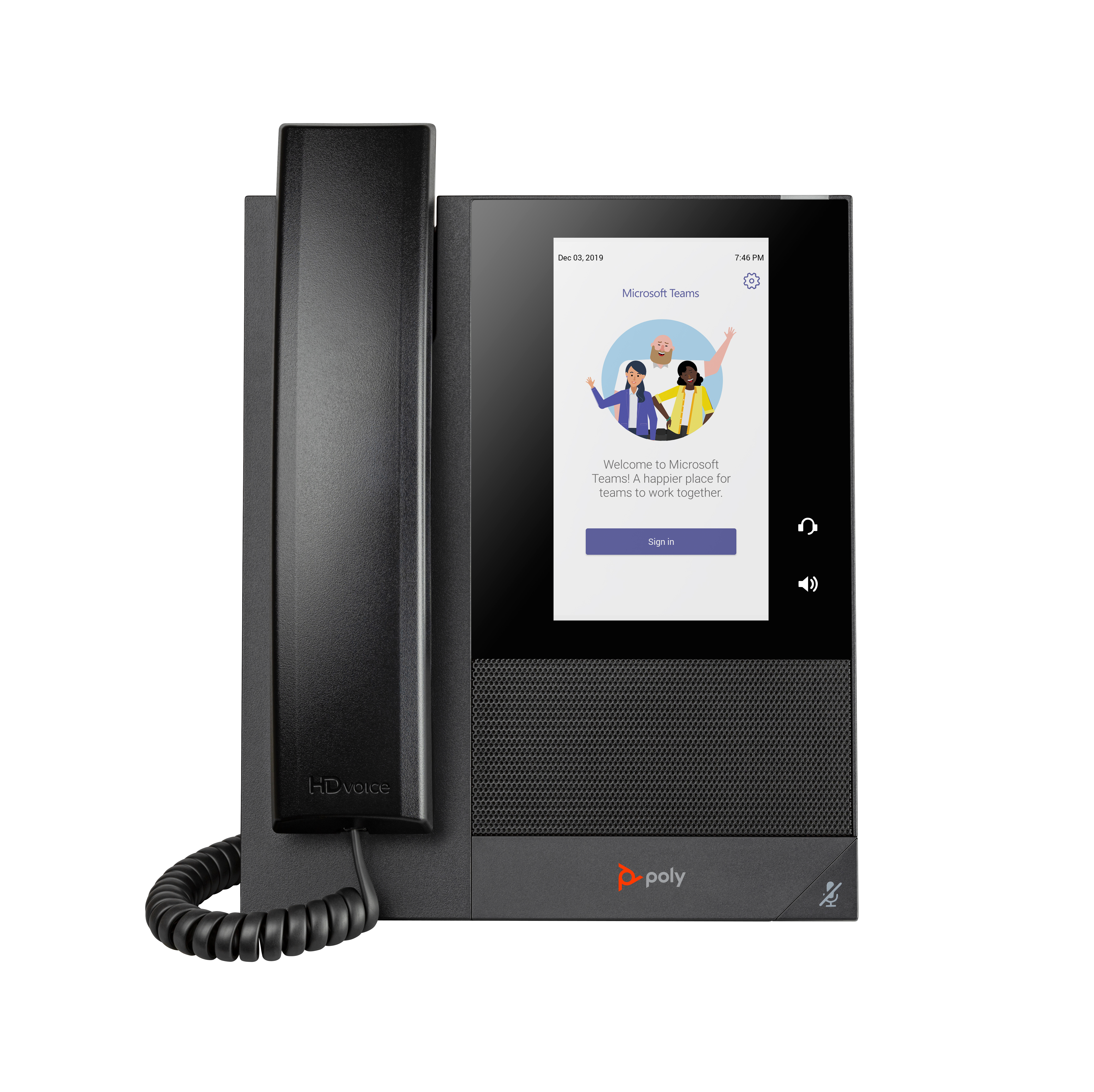Ein schwarzes Polycom-Telefon zeigt eine Microsoft Teams-Oberfläche an. Das Telefon hat einen Hörer, einen Bildschirm und eine Basis mit Tasten.