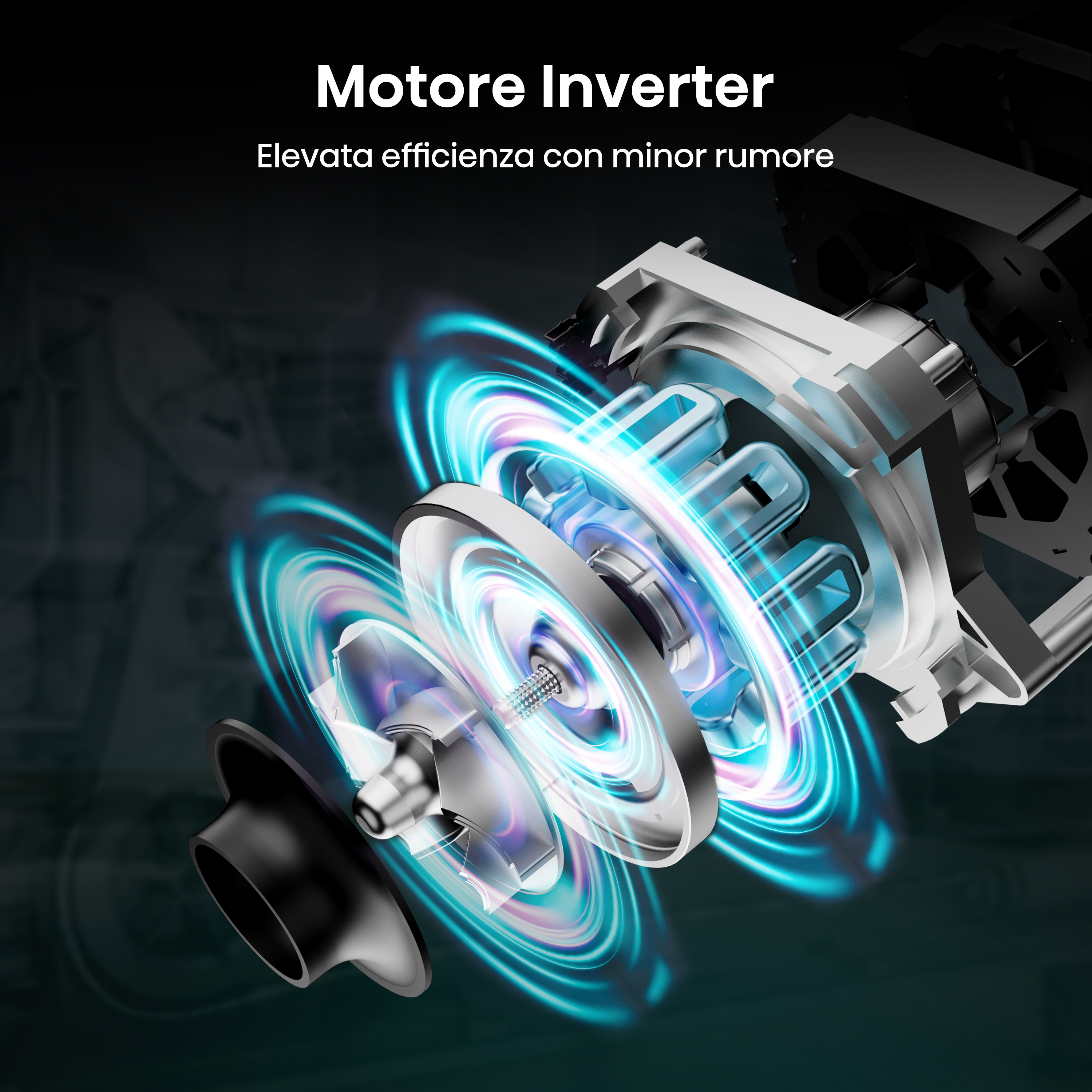 Vista explosionada de un motor inversor con líneas de energía azul brillante. Texto: 'Motore Inverter'.