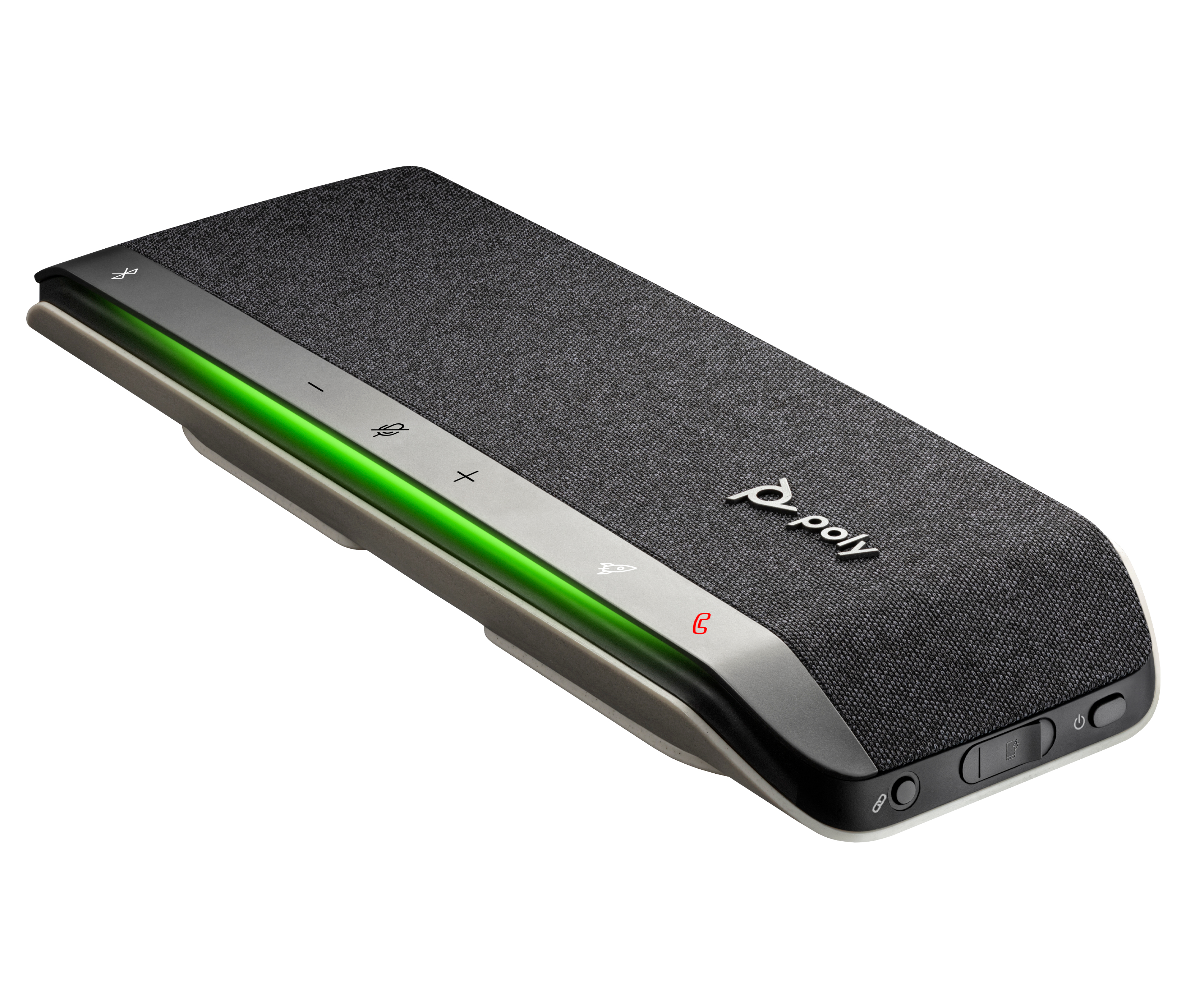 Un vivavoce Poly rettangolare con parte superiore in tessuto grigio scuro, una striscia luminosa verde e pulsanti di controllo.