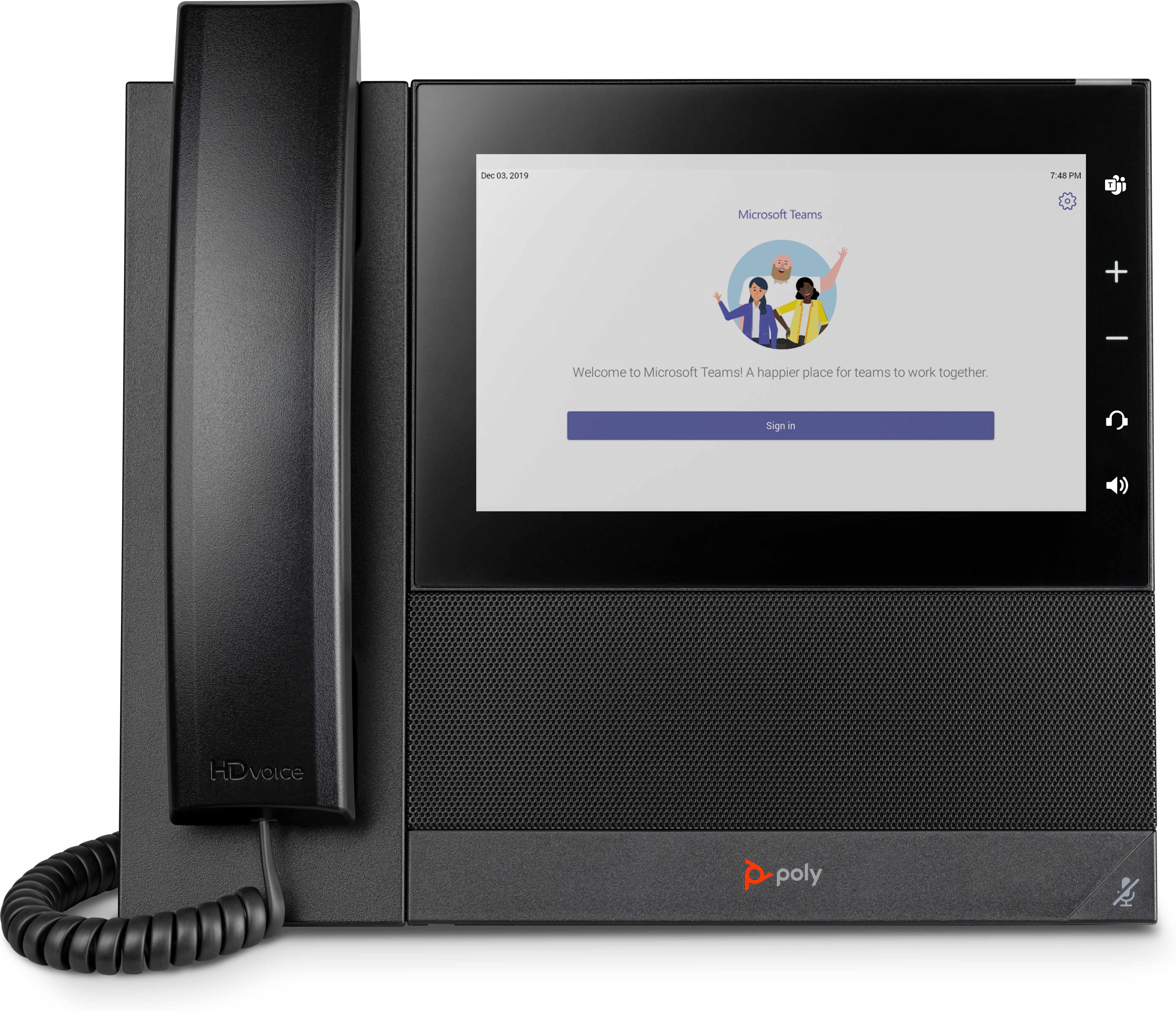 Un telefono Poly nero con uno schermo che mostra una schermata di benvenuto di Microsoft Teams e varie icone.
