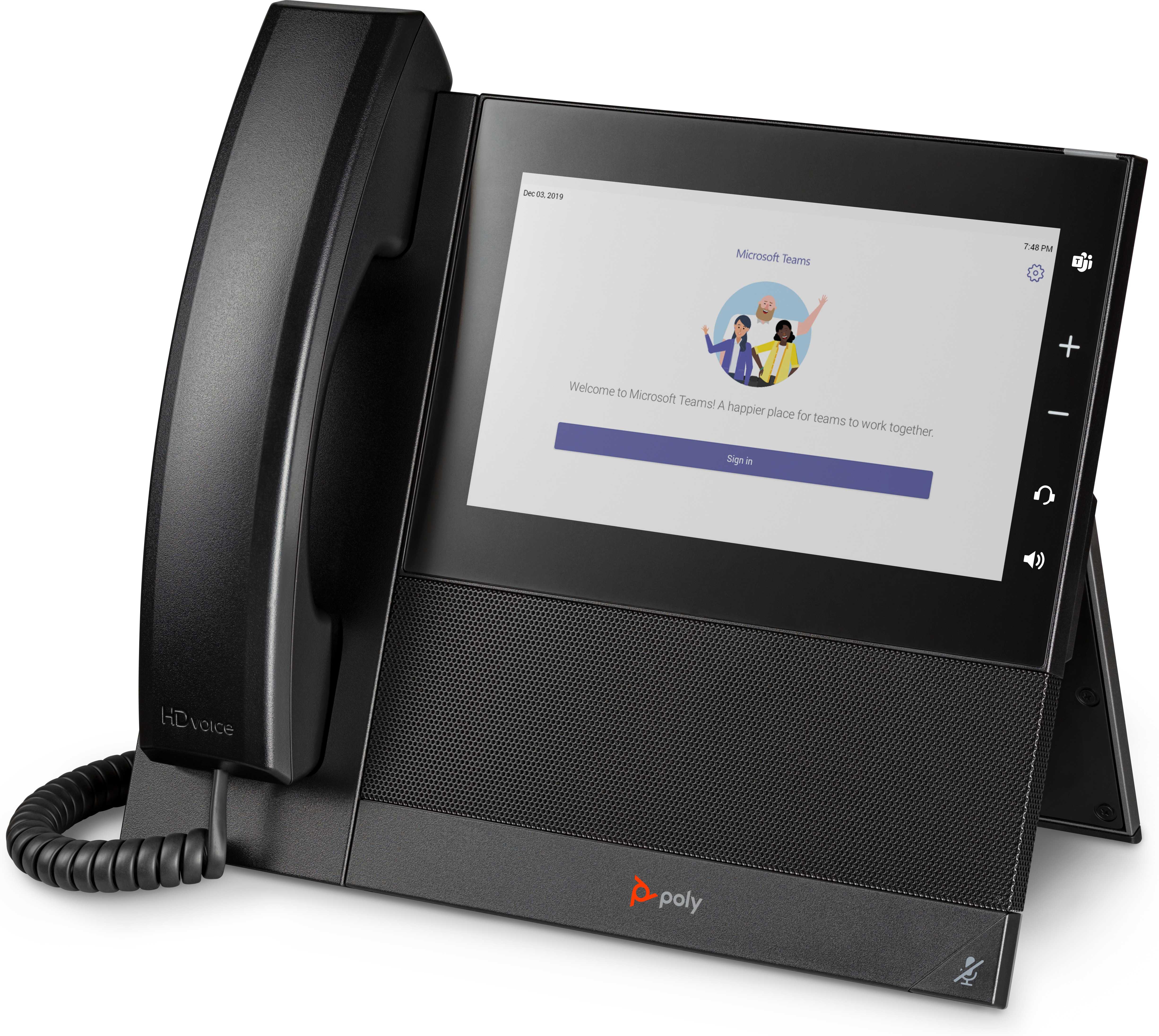 Un telefono Poly nero con uno schermo che mostra una pagina di accesso a Microsoft Teams.