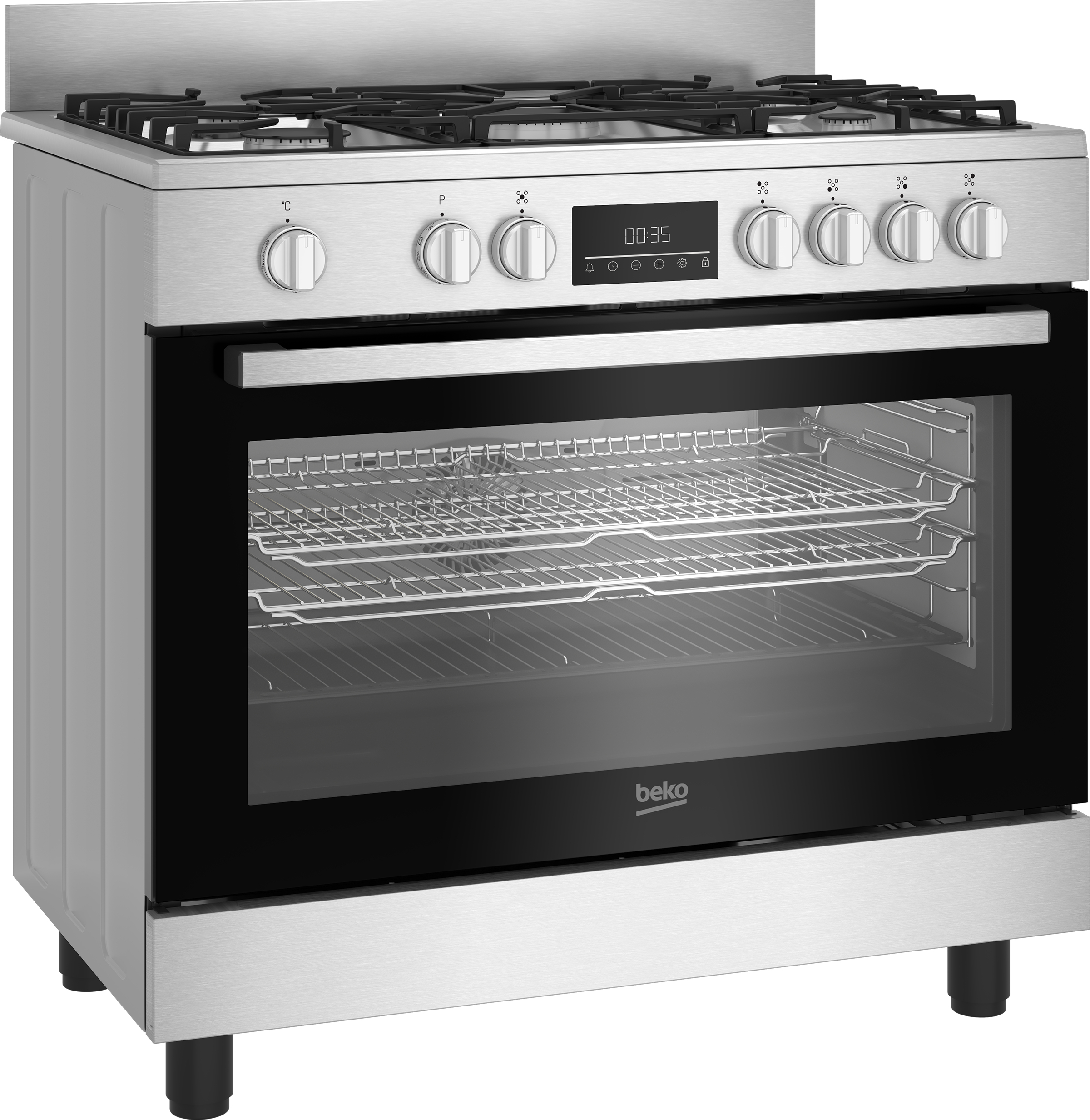 Un horno Beko de acero inoxidable. Tiene puerta de cristal, pantalla digital y mandos para los quemadores y funciones del horno.