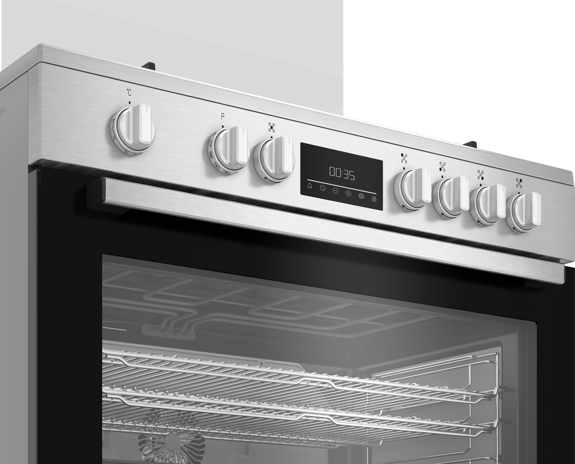 Vista de cerca de un horno de acero inoxidable. Tiene perillas, una pantalla digital y una puerta de vidrio que revela el interior.