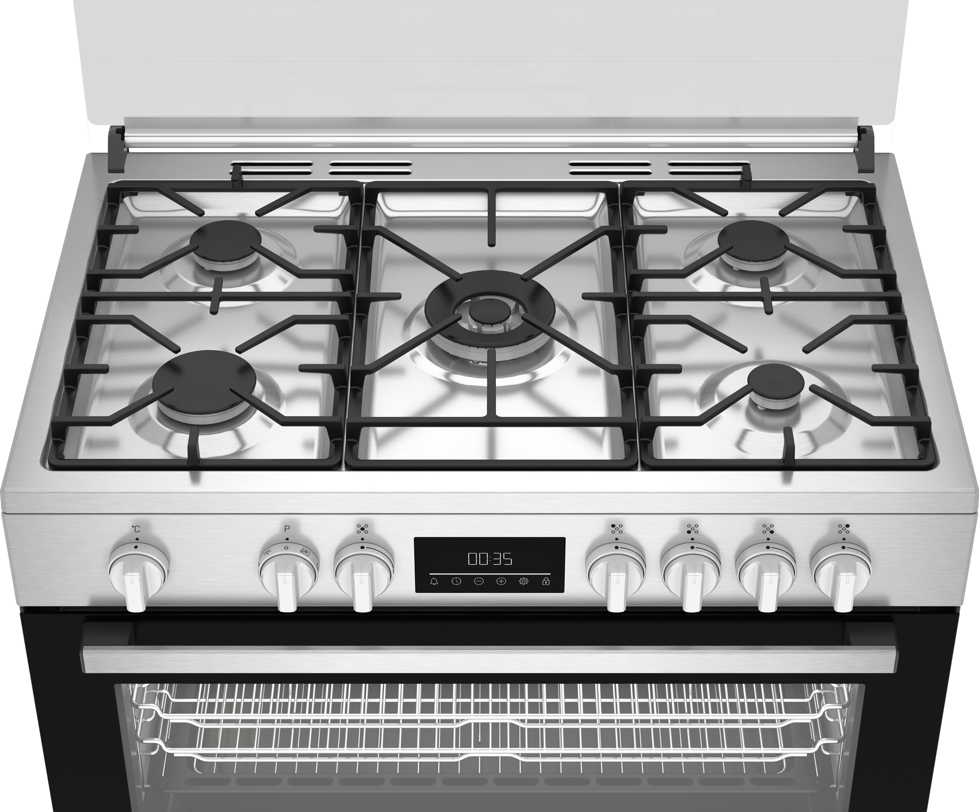 Cocina de acero inoxidable con seis quemadores y horno. Perillas al frente. Pantalla digital muestra la hora. Tapa de vidrio abierta.