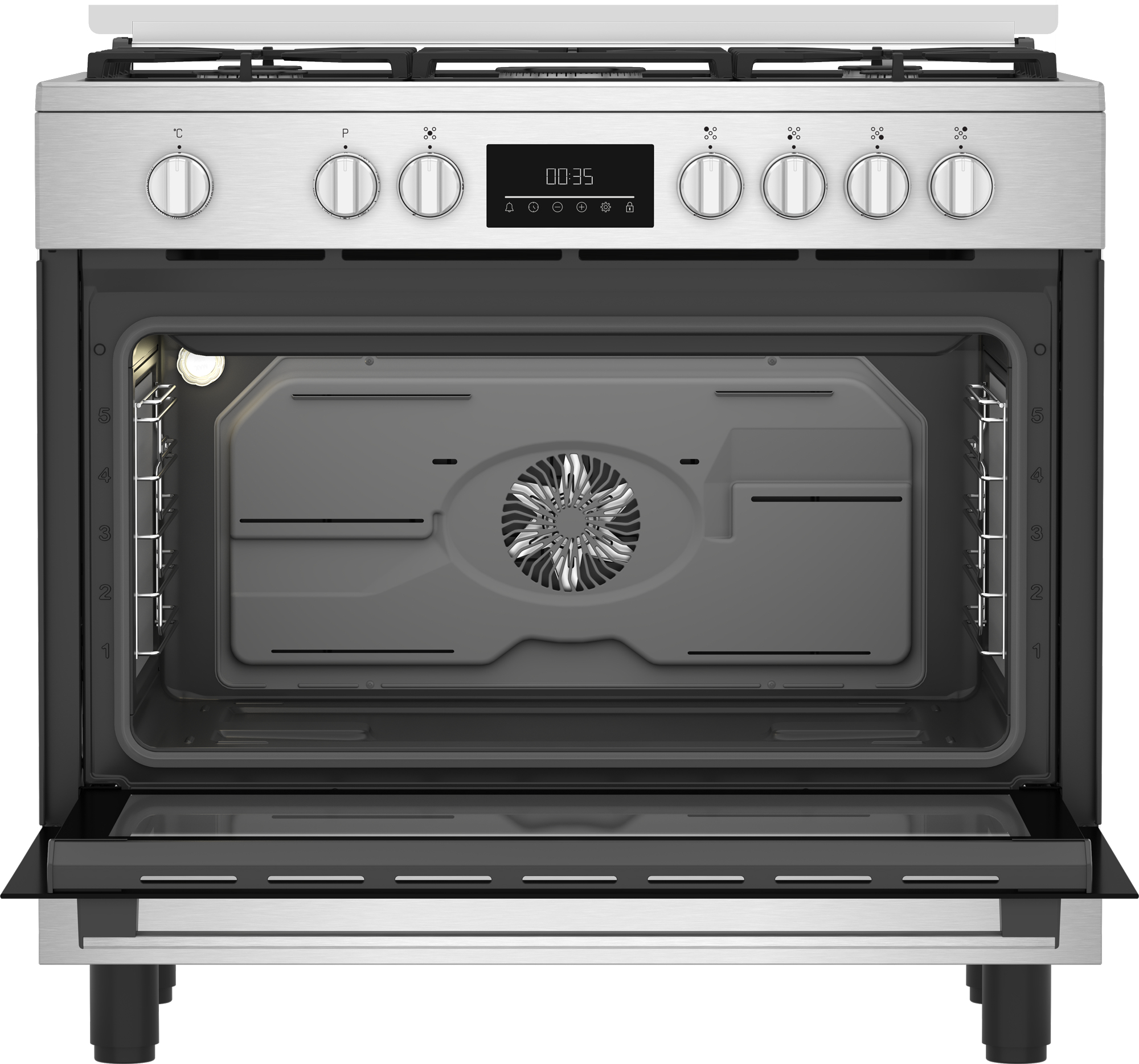 Un horno de acero inoxidable con la puerta abierta. El interior del horno es gris, con un ventilador y rejillas. El panel muestra 00:35.