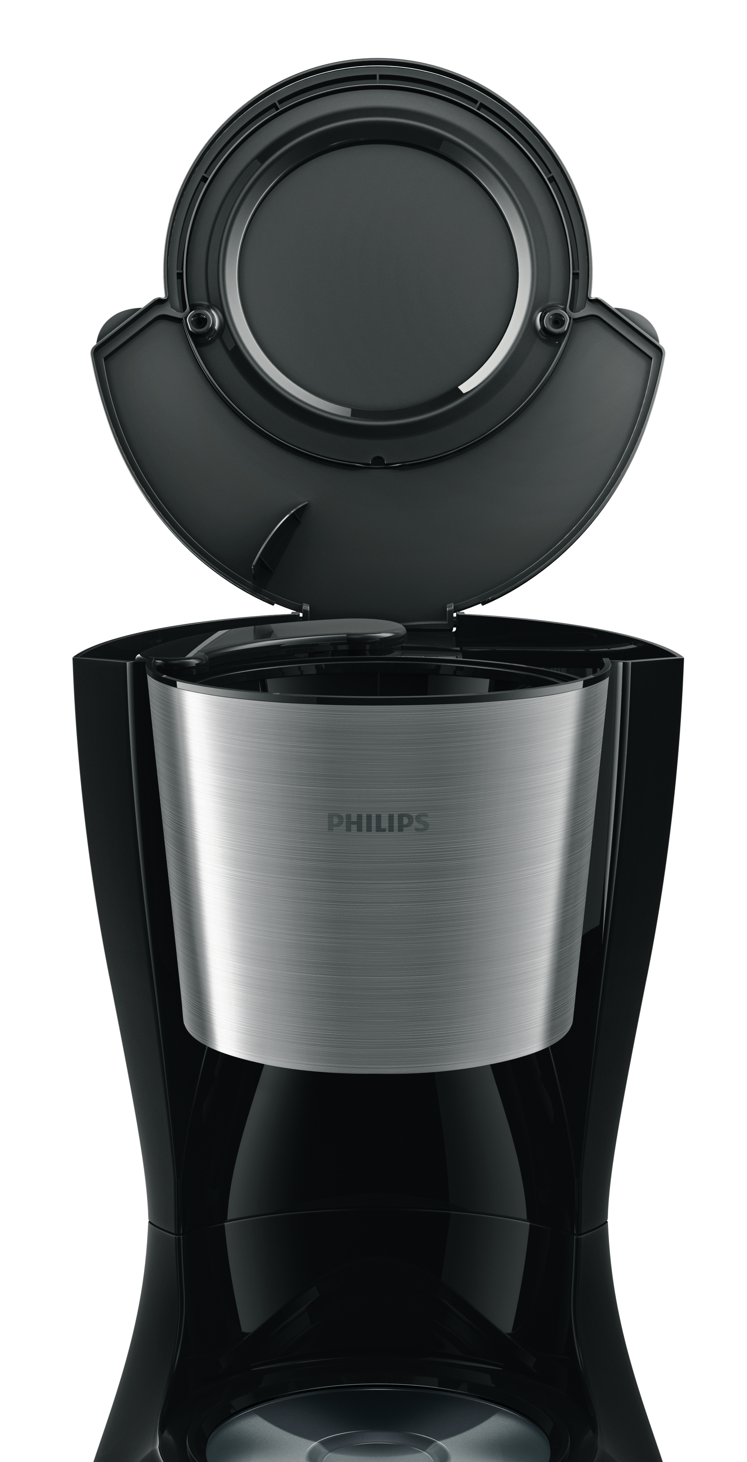 Viene mostrata una caffettiera Philips nera e argento. Il coperchio è aperto. Il nome del marchio è visibile sulla parte argentata.