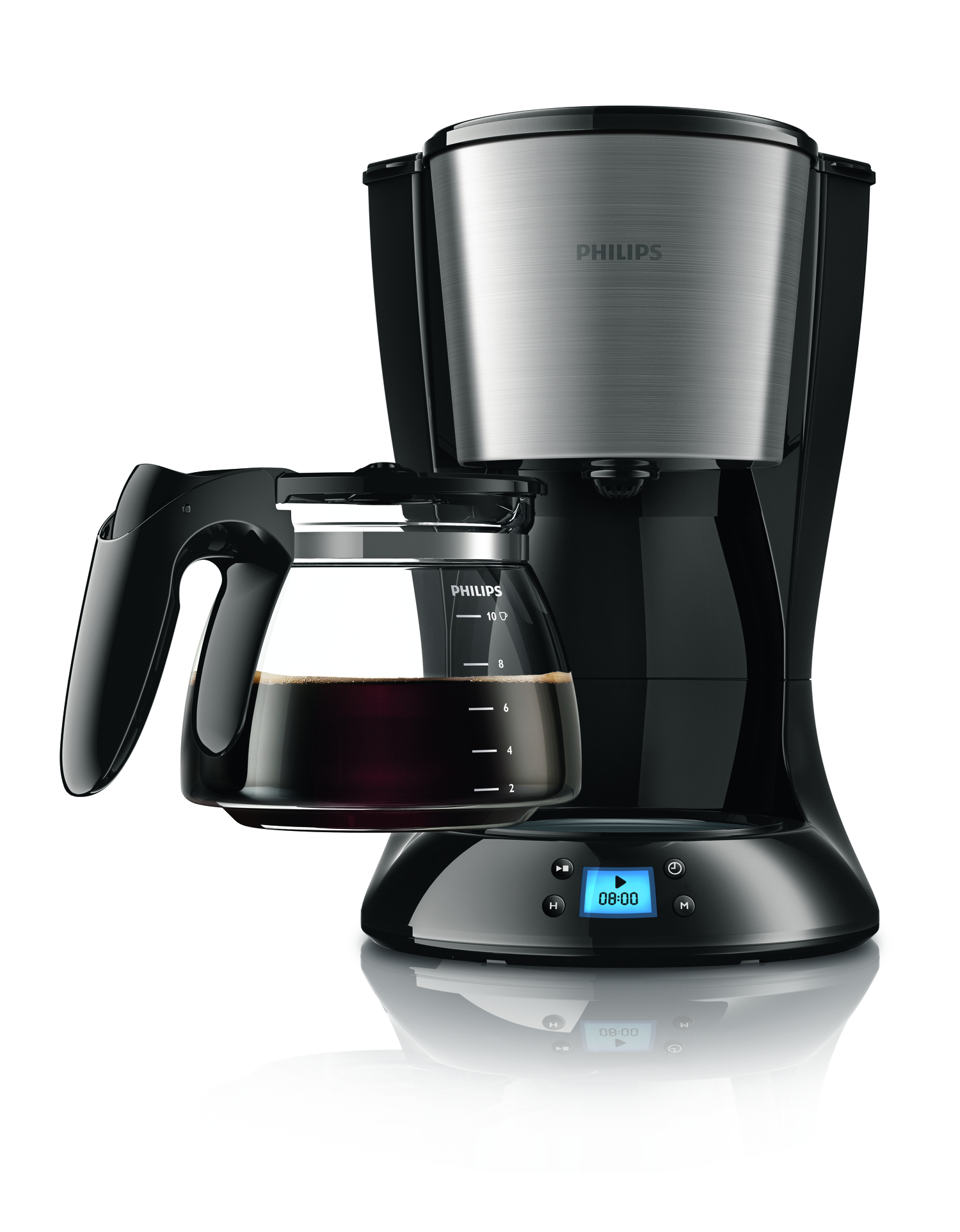 Una caffettiera Philips nera e argento con una caraffa di vetro piena di caffè. L'ora è 08:00.