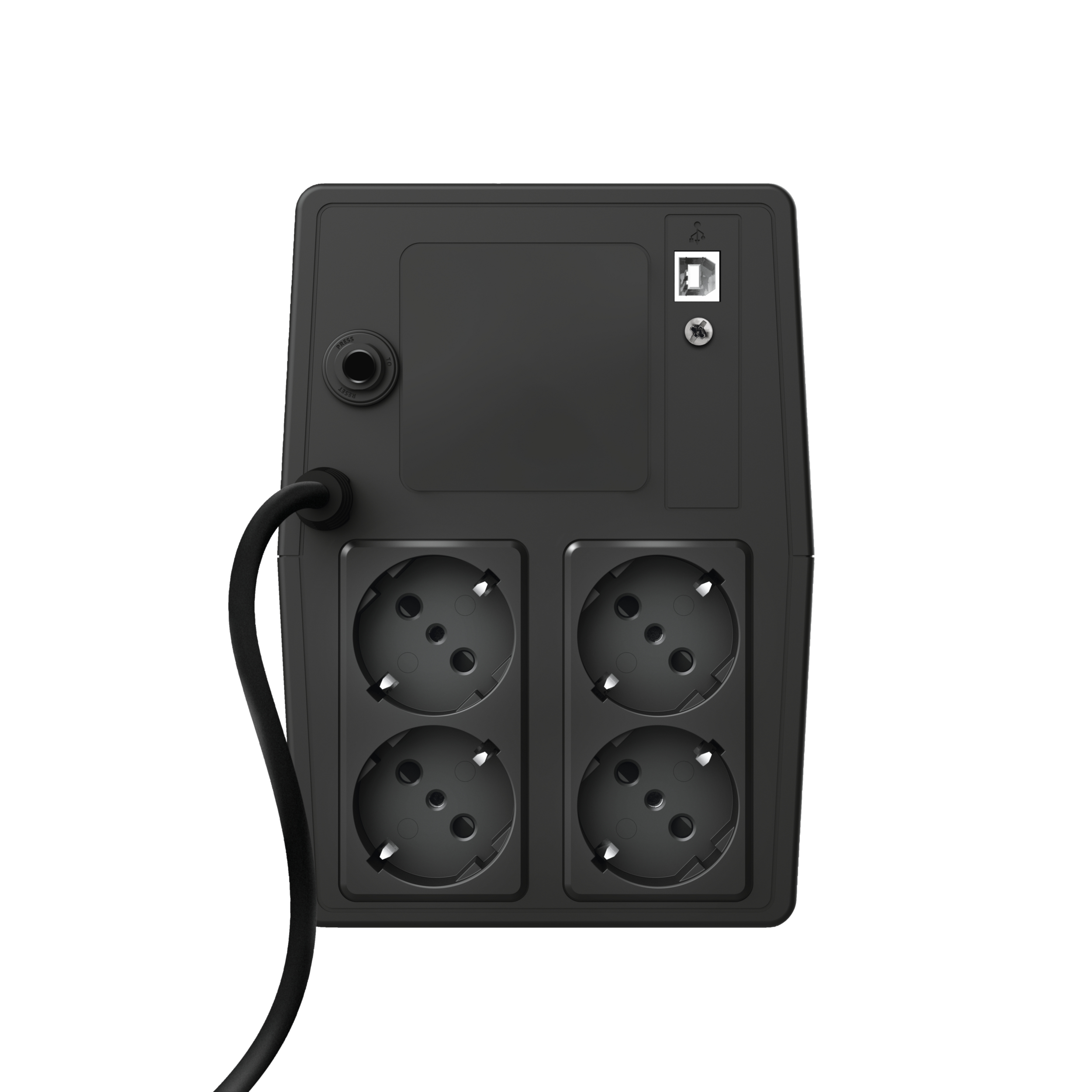 Presa multipla nera con quattro prese, porta USB e cavo di alimentazione nero. Sfondo bianco.
