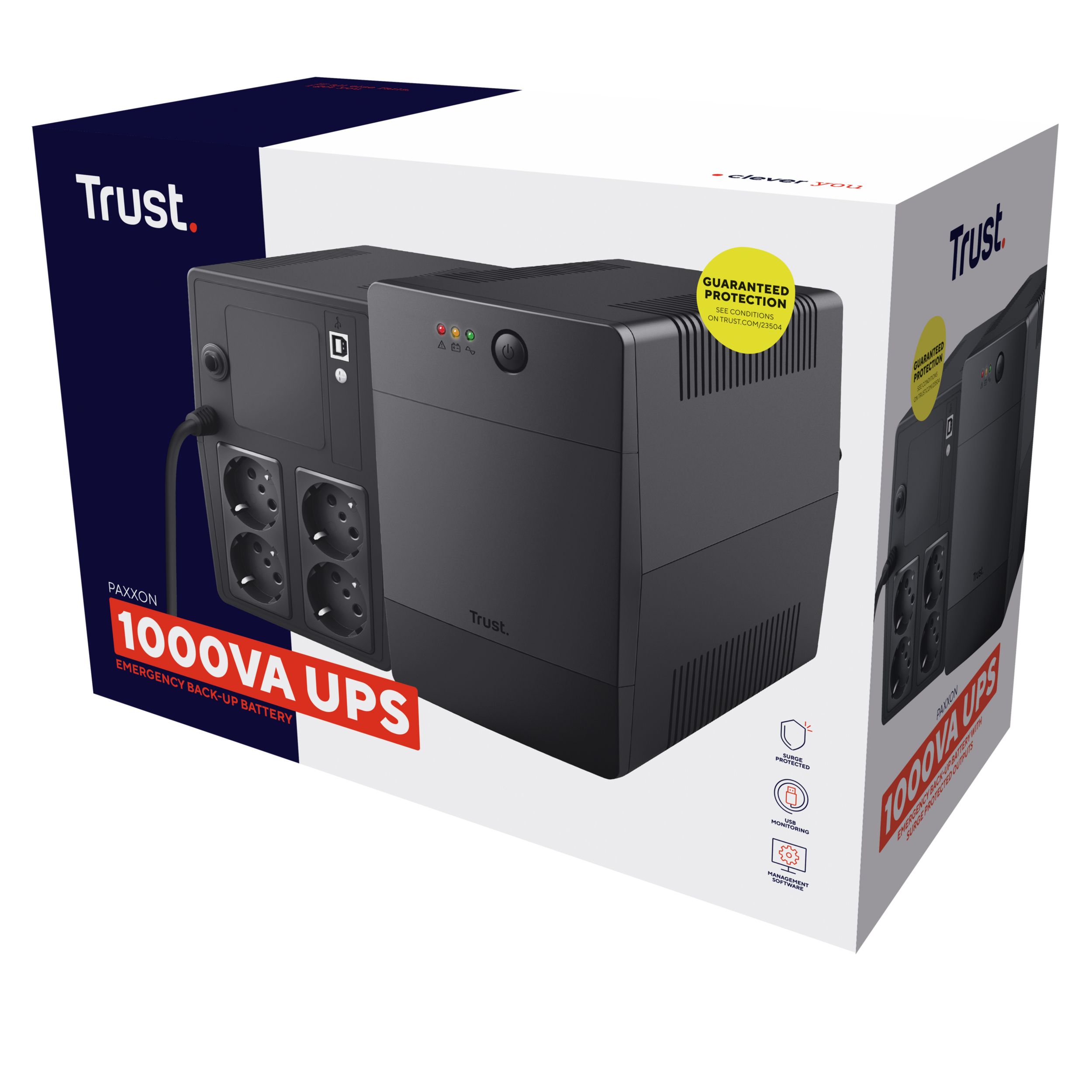Un dispositivo UPS nero con prese è su una scatola. La scatola è bianca e blu, con Trust e 1000VA UPS.