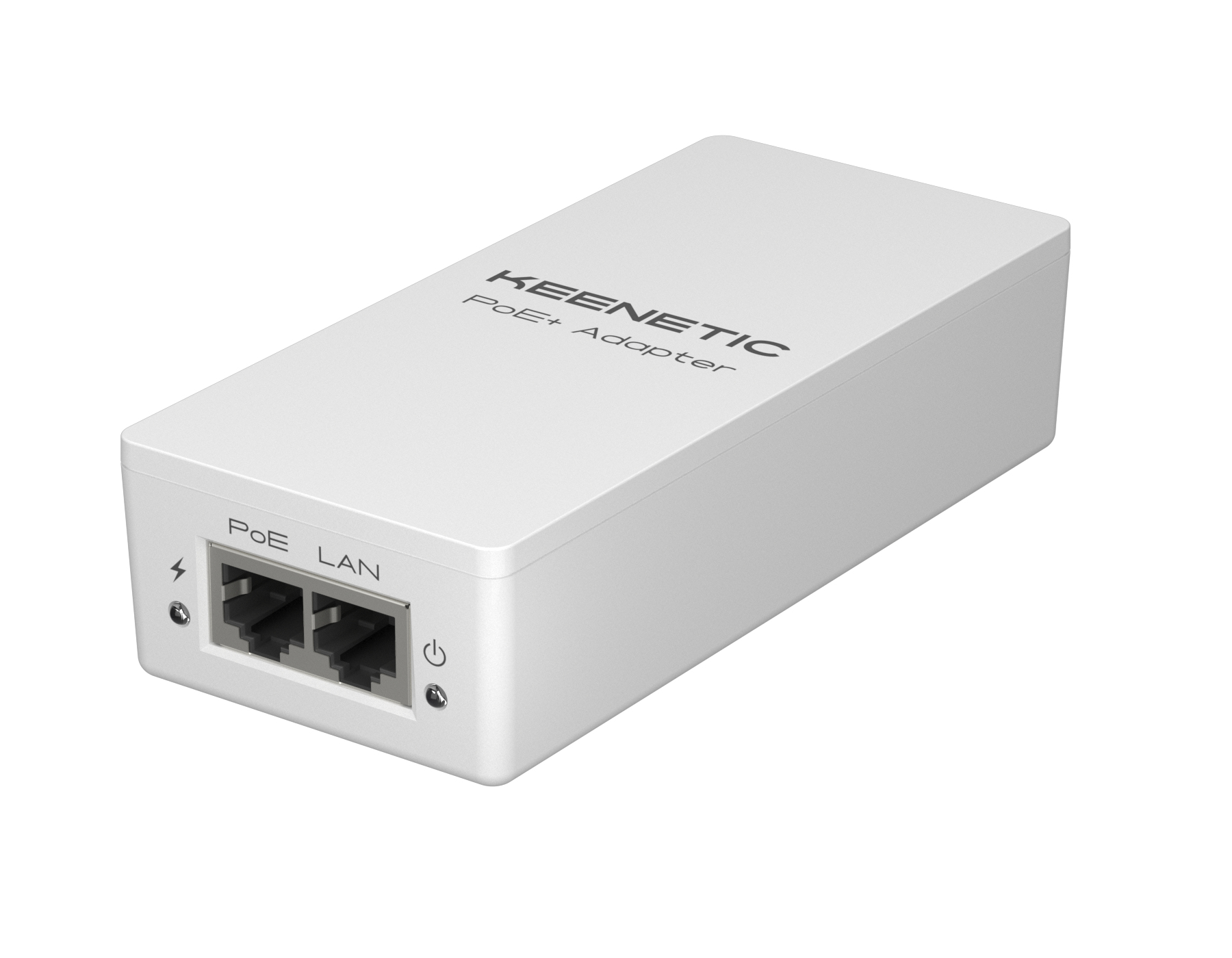 Weißer Keenetic PoE+ Adapter. Hat PoE- und LAN-Anschlüsse, einen Ein-/Ausschalter und ein Blitzsymbol. Text: PoE+ Adapter.