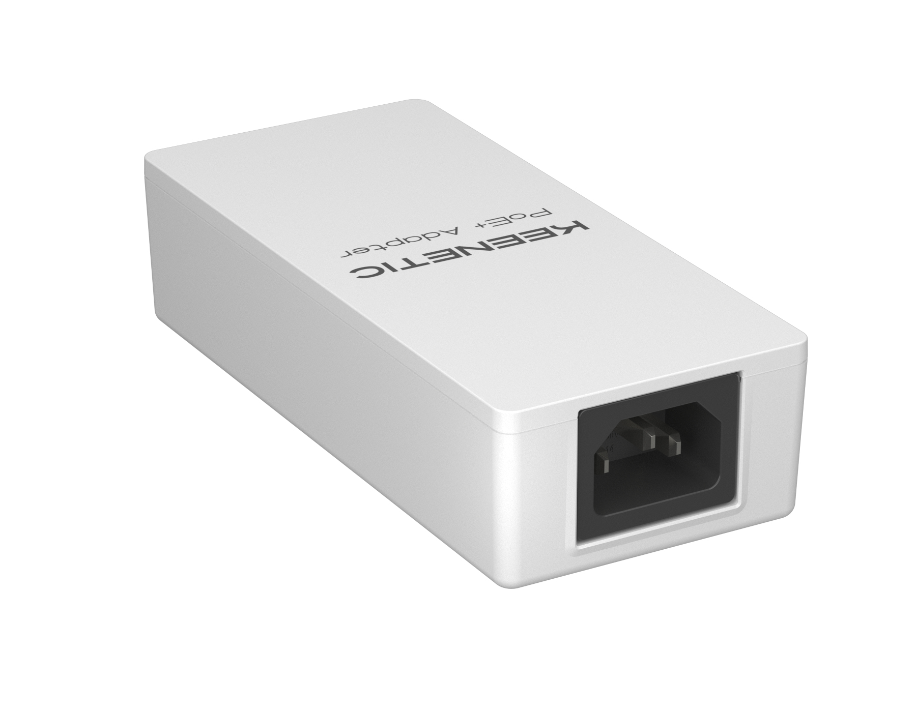 Ein weißer Keenetic PoE+-Adapter. Er hat eine schwarze Buchse an einem Ende und den Markennamen auf der Seite.