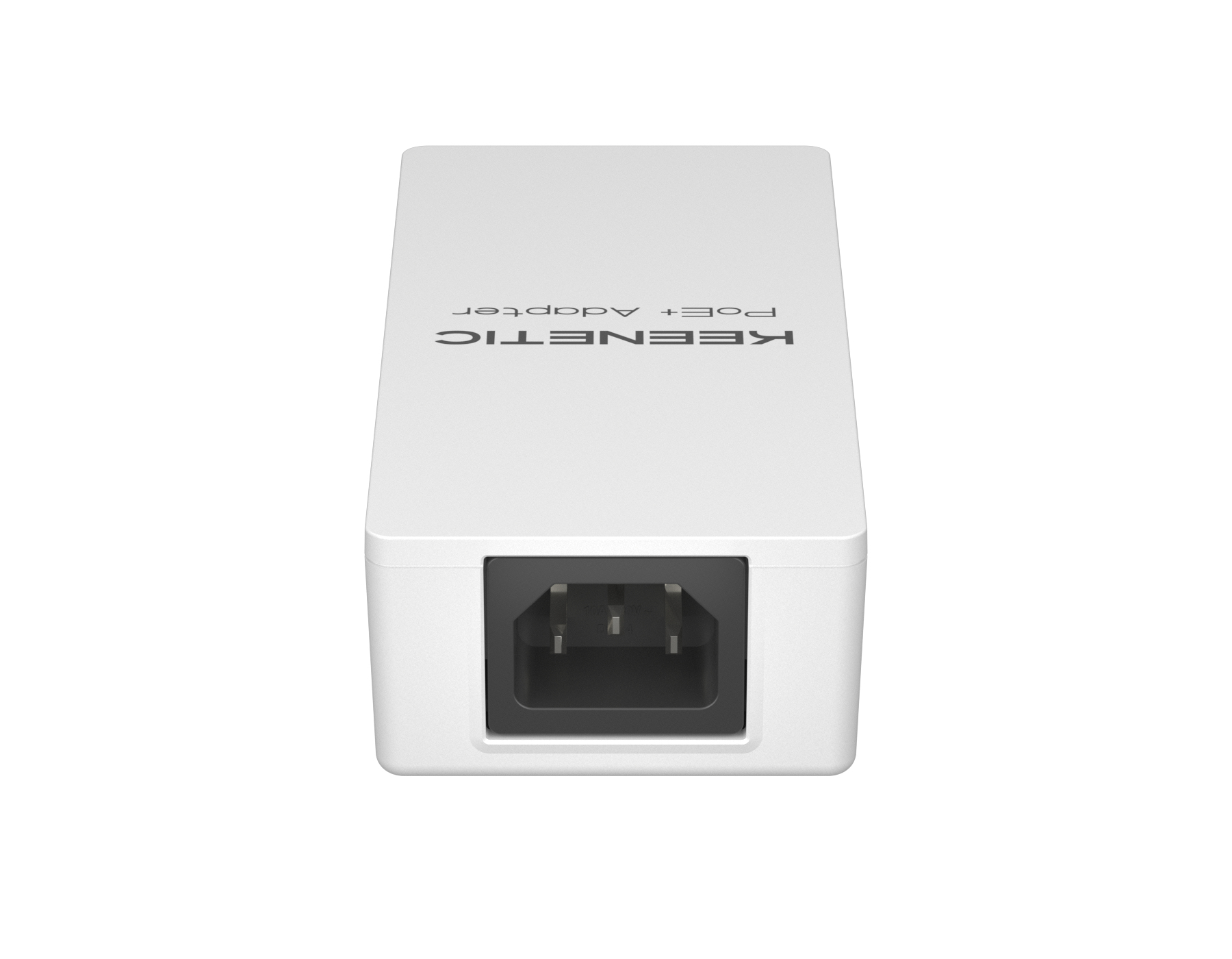 Weißer Keenetic PoE+ Adapter. Schwarze Stromeingangssteckdose unten. Keenetic-Logo oben.