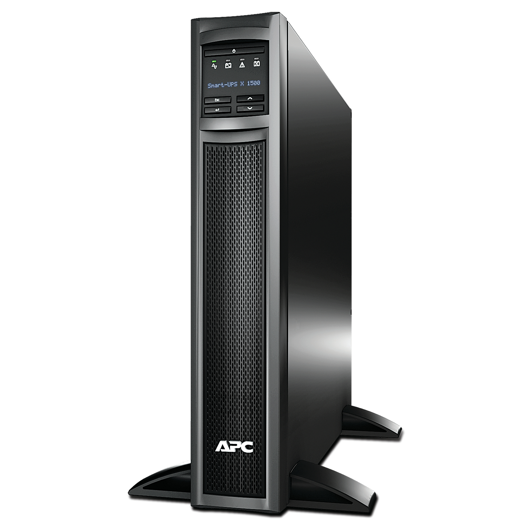 Ein schwarzes APC Smart-UPS X 1500. Es hat ein Display, Belüftung vorne und steht auf zwei schwarzen Ständern.