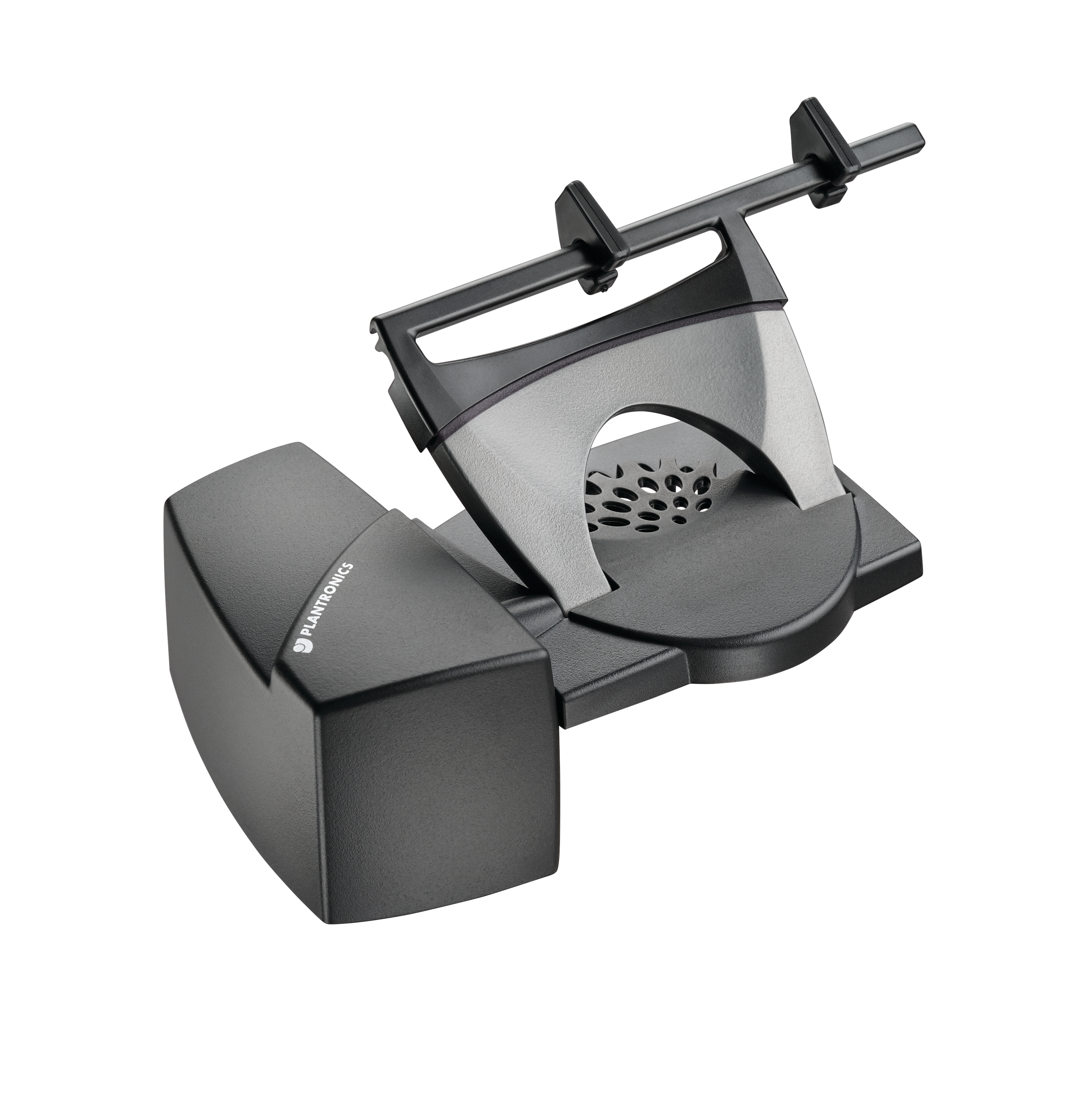 Una base per cuffie Plantronics nera e grigia con una culla e un logo sul lato.