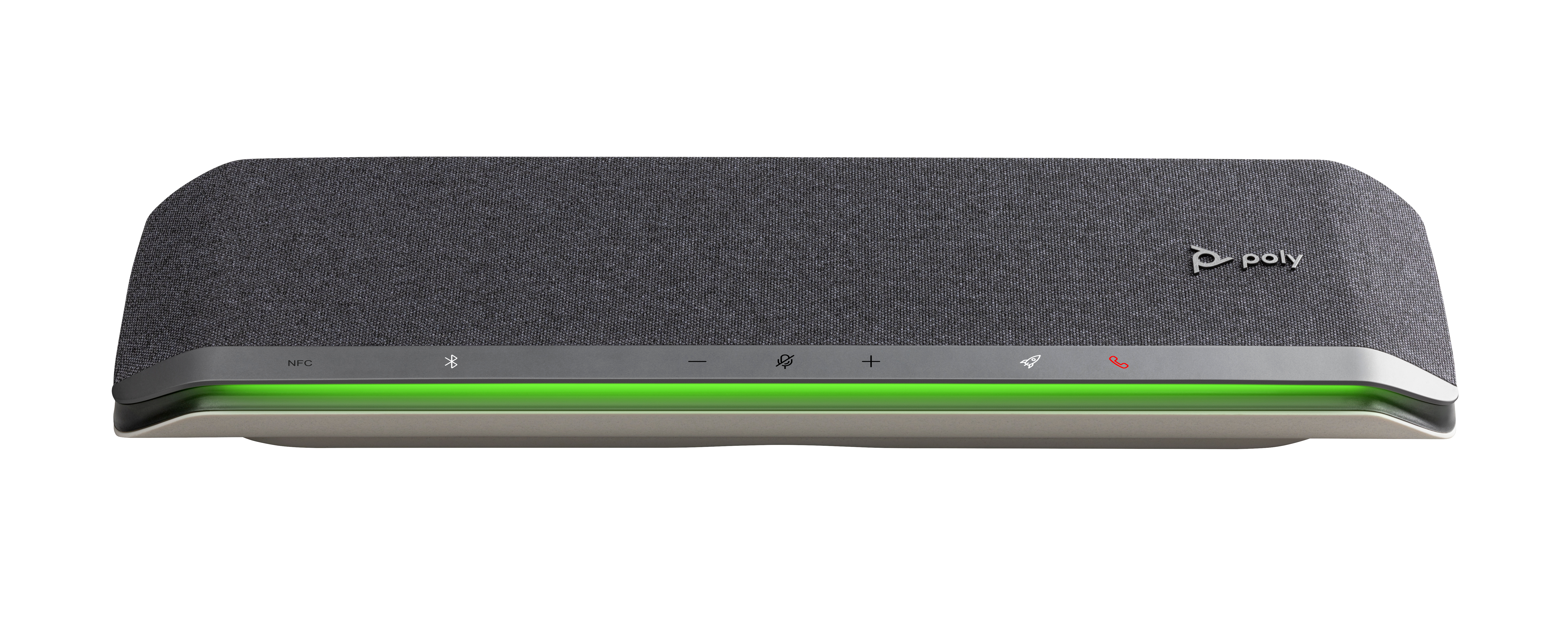 Un altoparlante grigio con pulsanti di controllo e il logo 'Poly'. Ha una luce verde in basso. Bluetooth e NFC sono visibili.