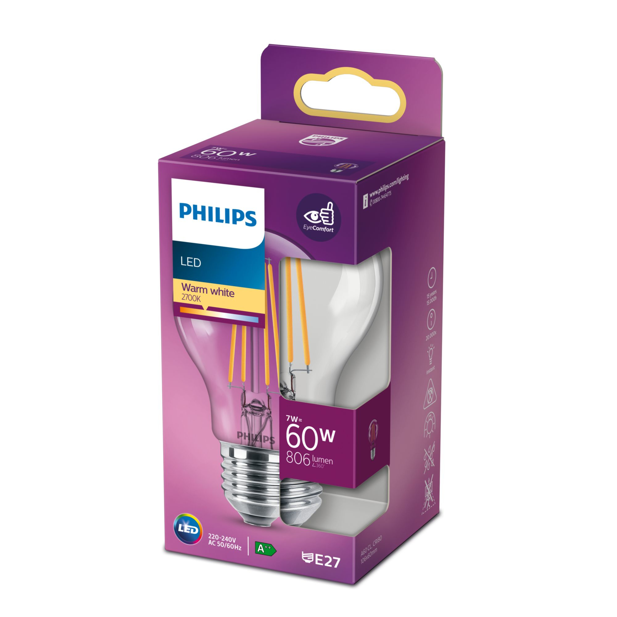 Une ampoule LED Philips dans une boîte violette. L'ampoule est visible avec des filaments jaunes. Texte sur la boîte.