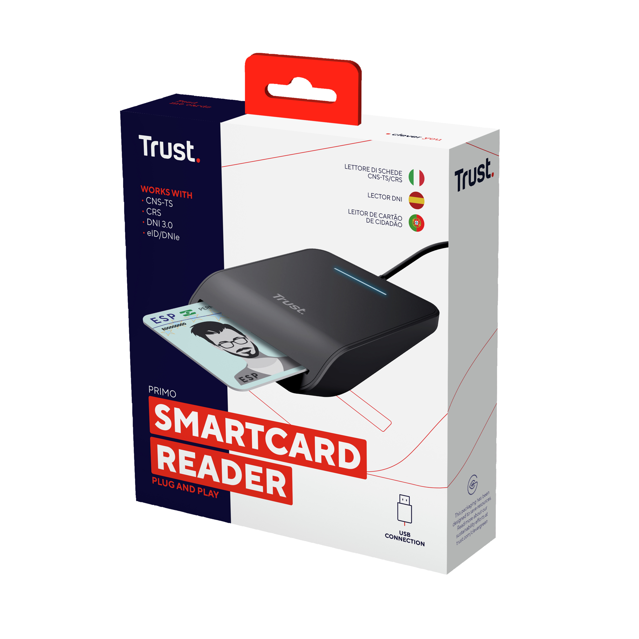 Trust Smartcard-Lesegerät in der Box, Karte eingelegt. Weiß und dunkelblau. Roter Griff oben. Text: 'reader'.