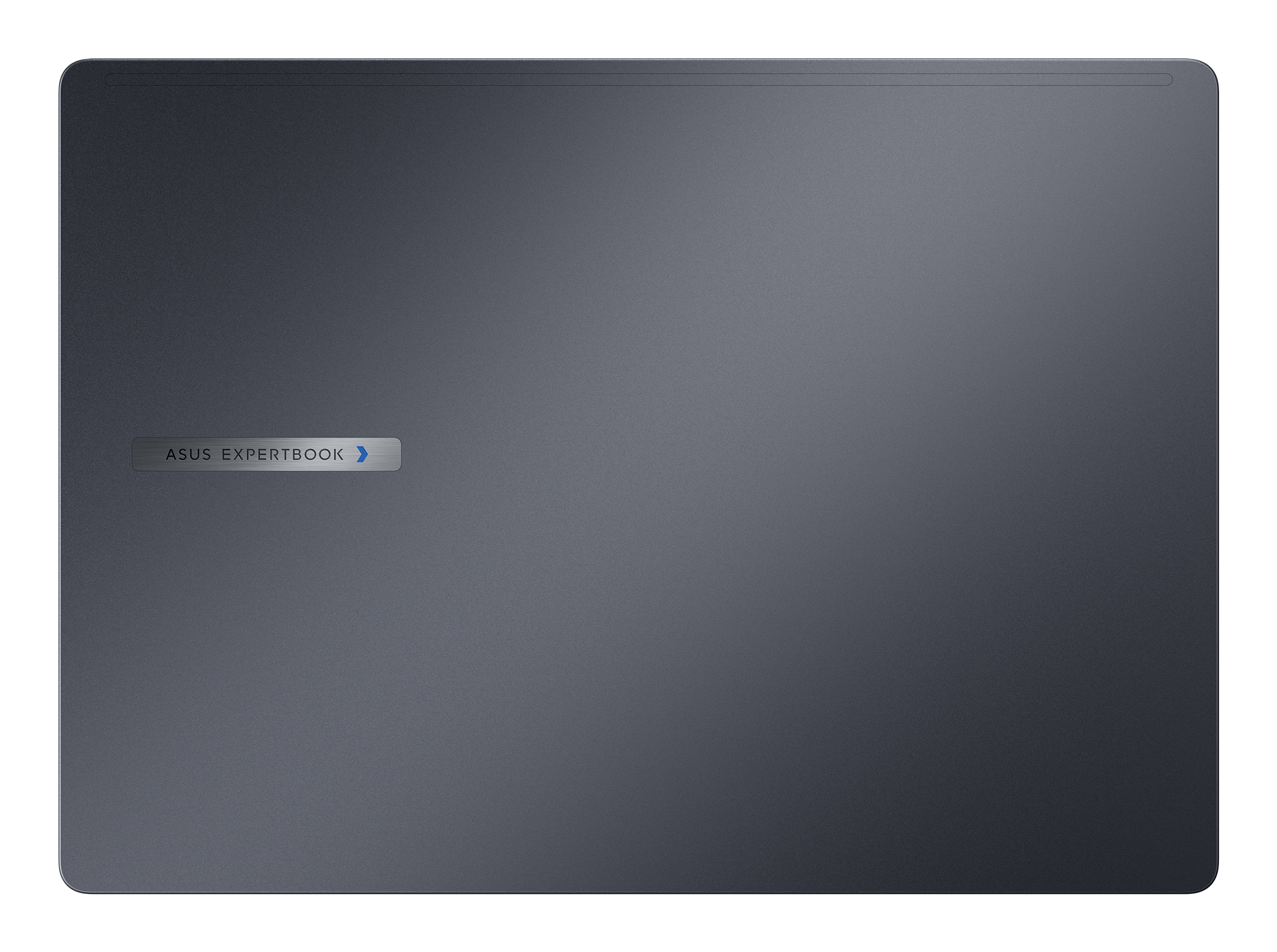 Ciemnoszara pokrywa laptopa. Logo ASUS EXPERTBOOK na srebrnym pasku. Zaokrąglone rogi i teksturowane wykończenie.