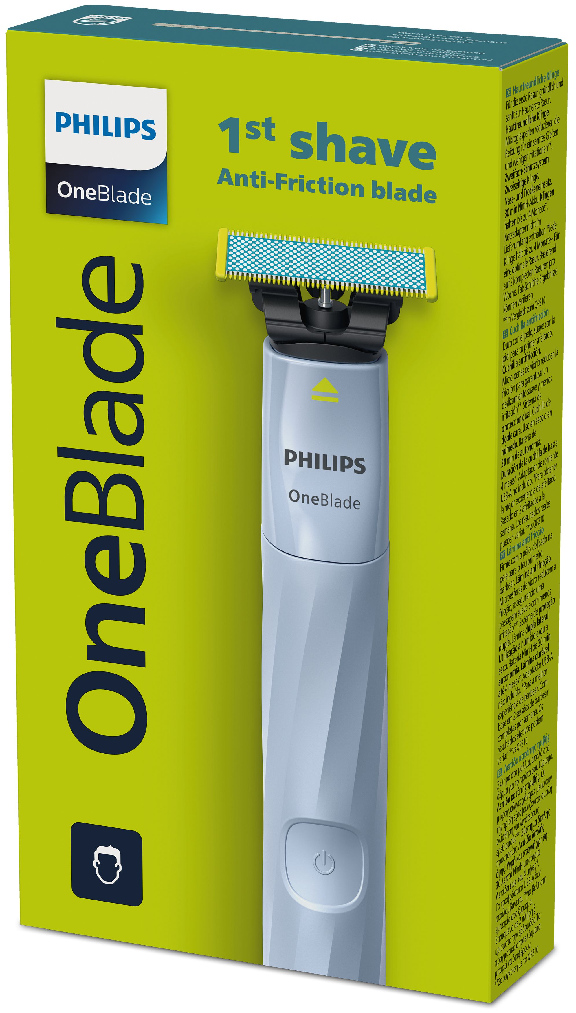 Schachtel mit Philips OneBlade Rasierer, grün-weißes Farbschema, gelbe Klinge.