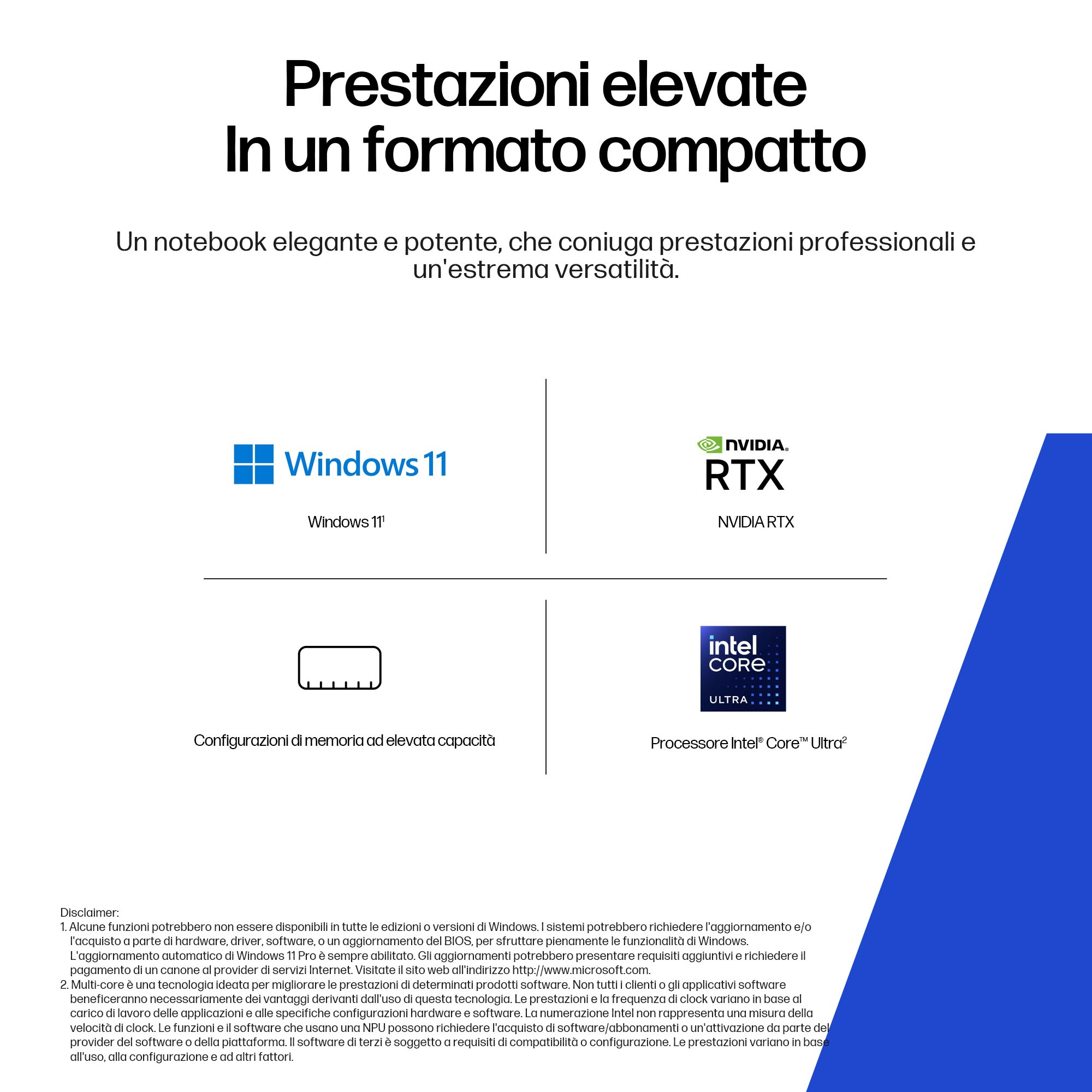 Imagen con texto sobre un portátil compacto, mostrando Windows 11, NVIDIA RTX y las características de Intel Core Ultra.