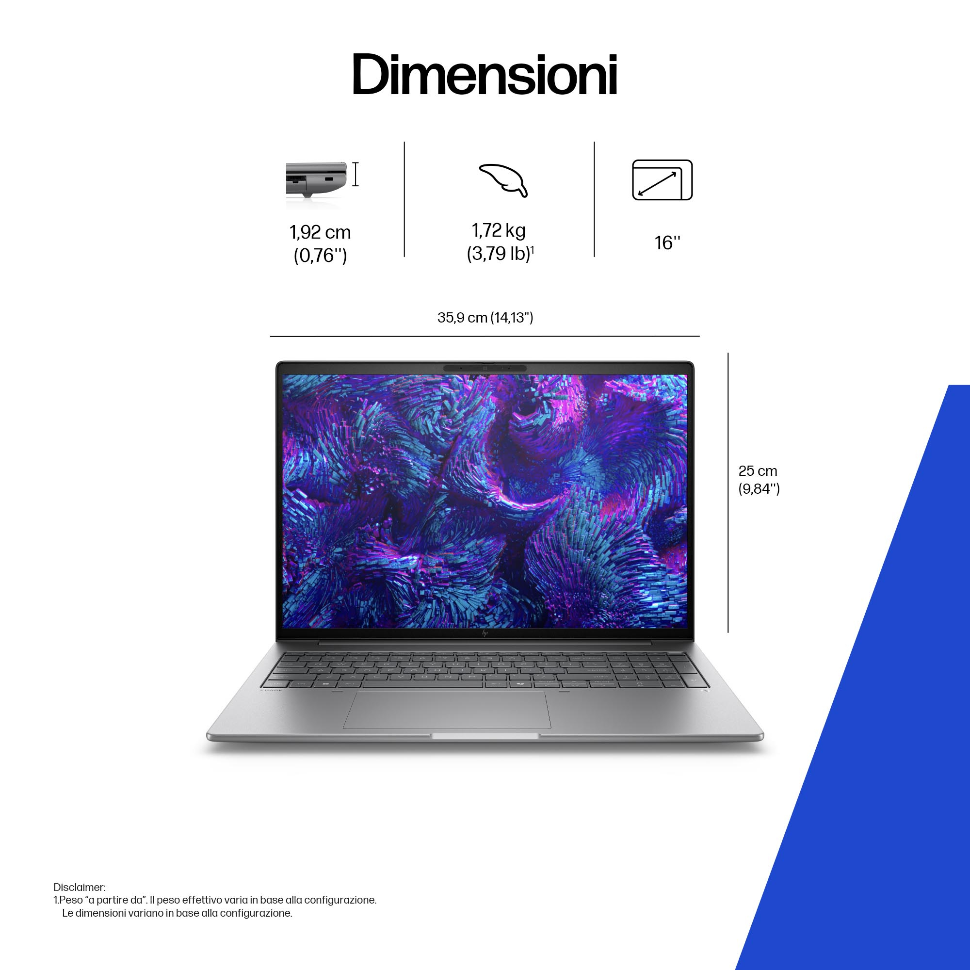 Una laptop plateada está abierta, mostrando una pantalla colorida. Detalles de dimensiones y peso están arriba.