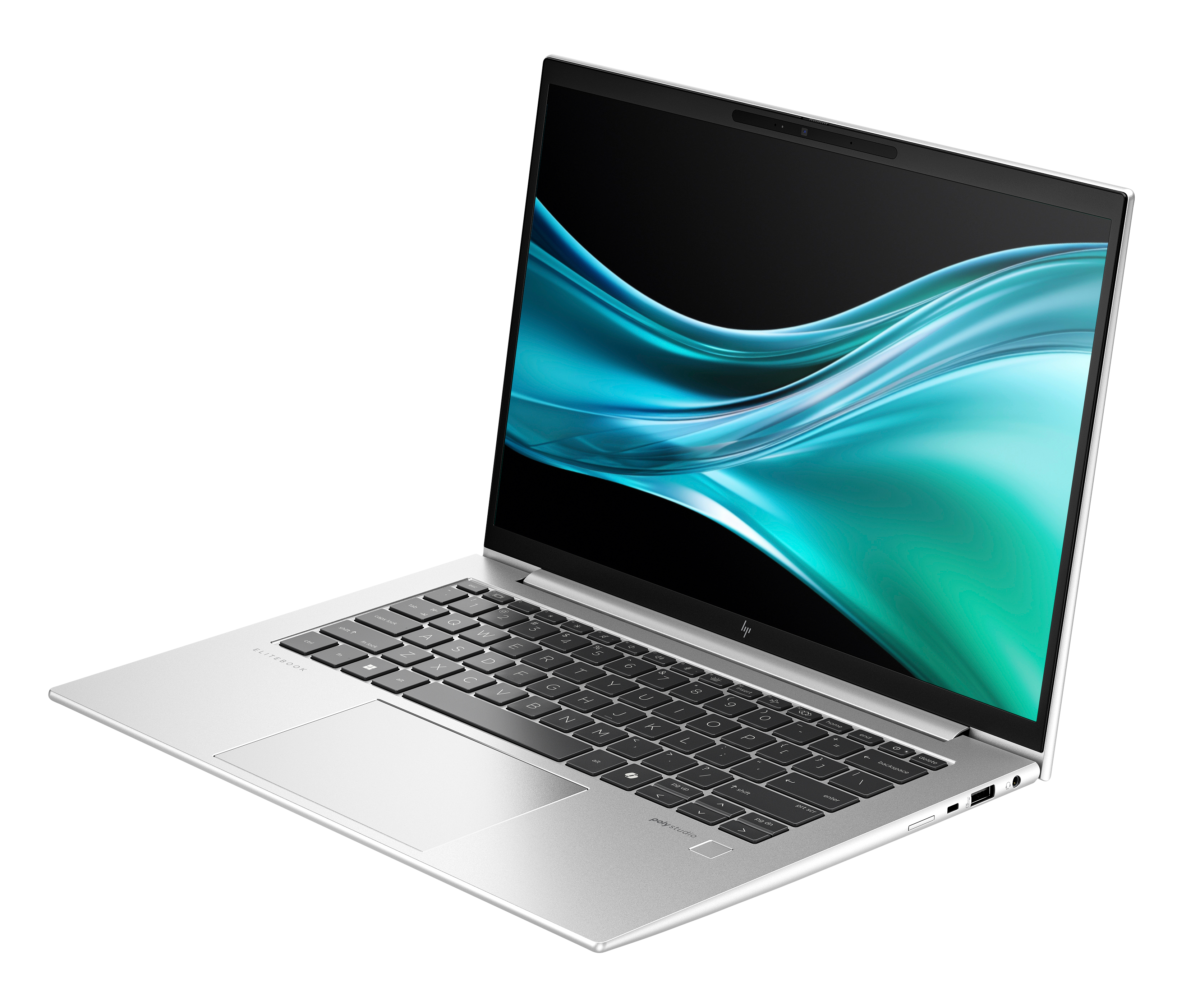 Srebrny laptop na białym tle, ekran wyświetla turkusowy wzór fal. Widoczna klawiatura.